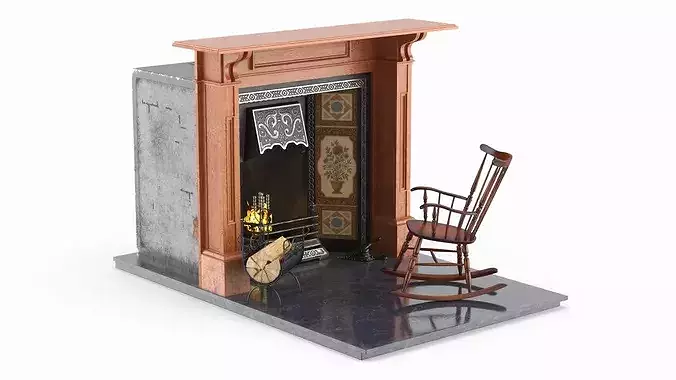 Classical Victorian Fireplace with Rocking Chair 3D model