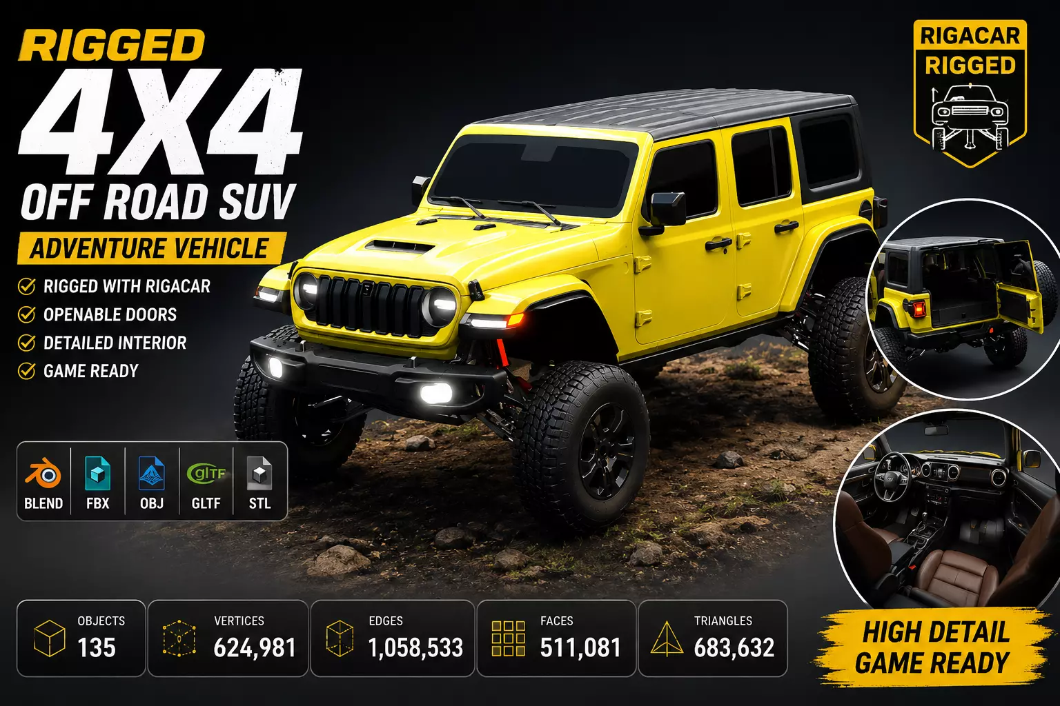 Rigged 4x4 Off Road SUV Adventure Vehicle Blender 3D Model Low-poly 3D model
