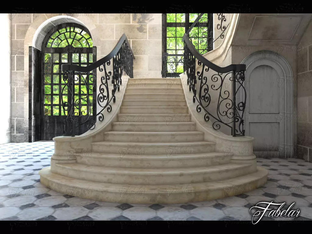 Staircase ornate with wrought iron railings 3D model_0