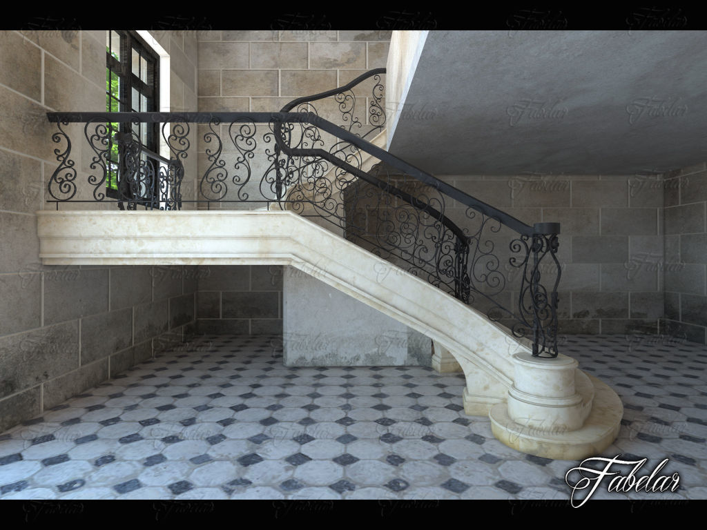 Staircase ornate with wrought iron railings 3D model_1