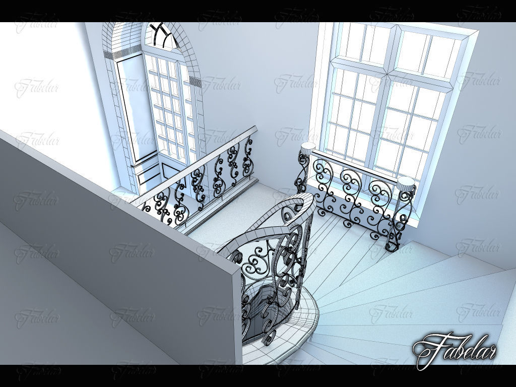 Staircase ornate with wrought iron railings 3D model_7