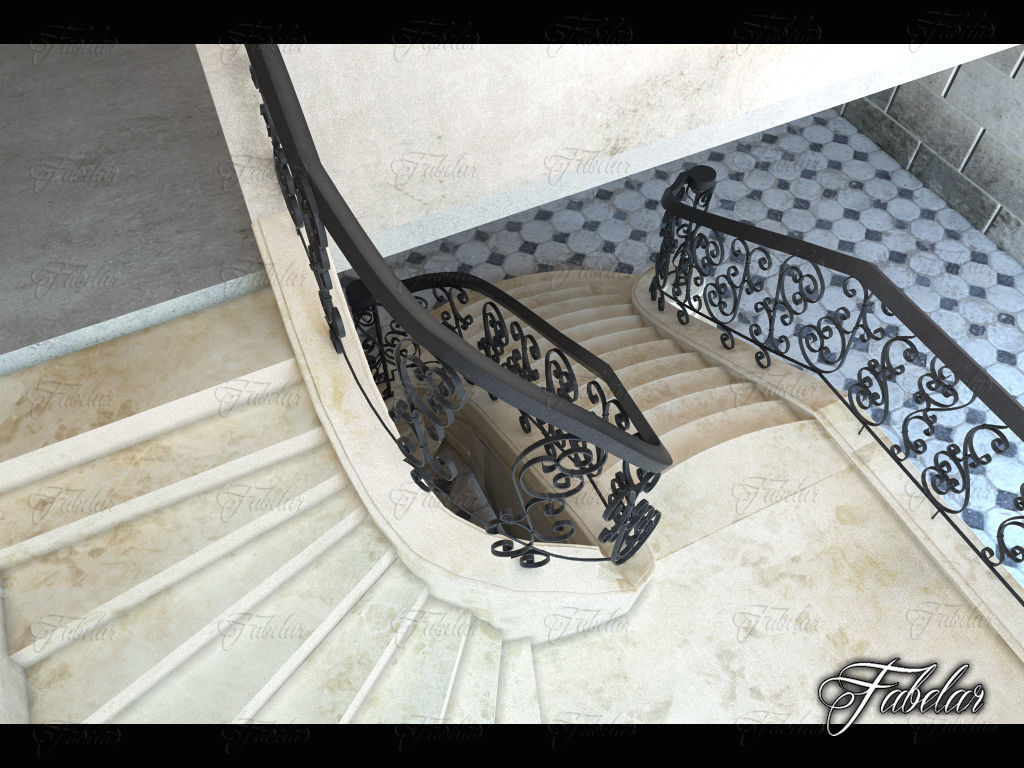Staircase ornate with wrought iron railings 3D model_3