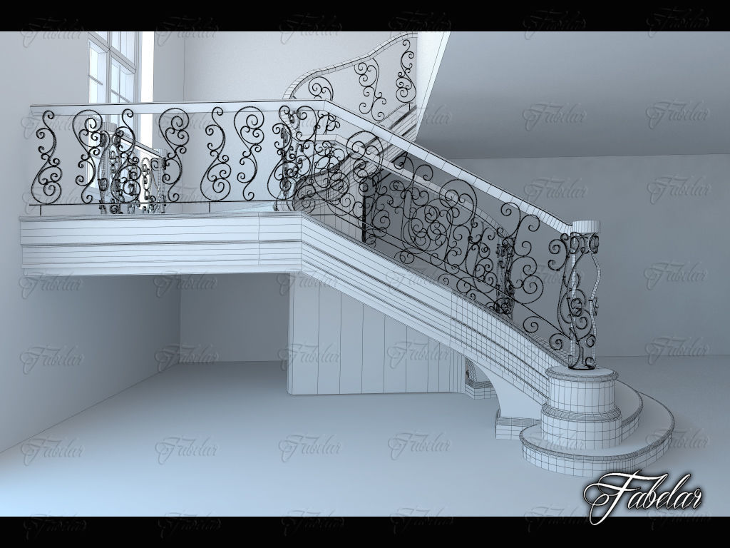 Staircase ornate with wrought iron railings 3D model_6