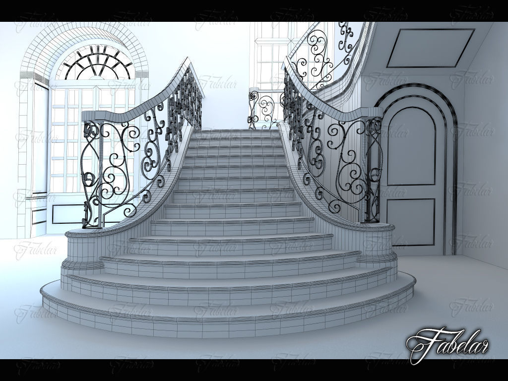 Staircase ornate with wrought iron railings 3D model_5