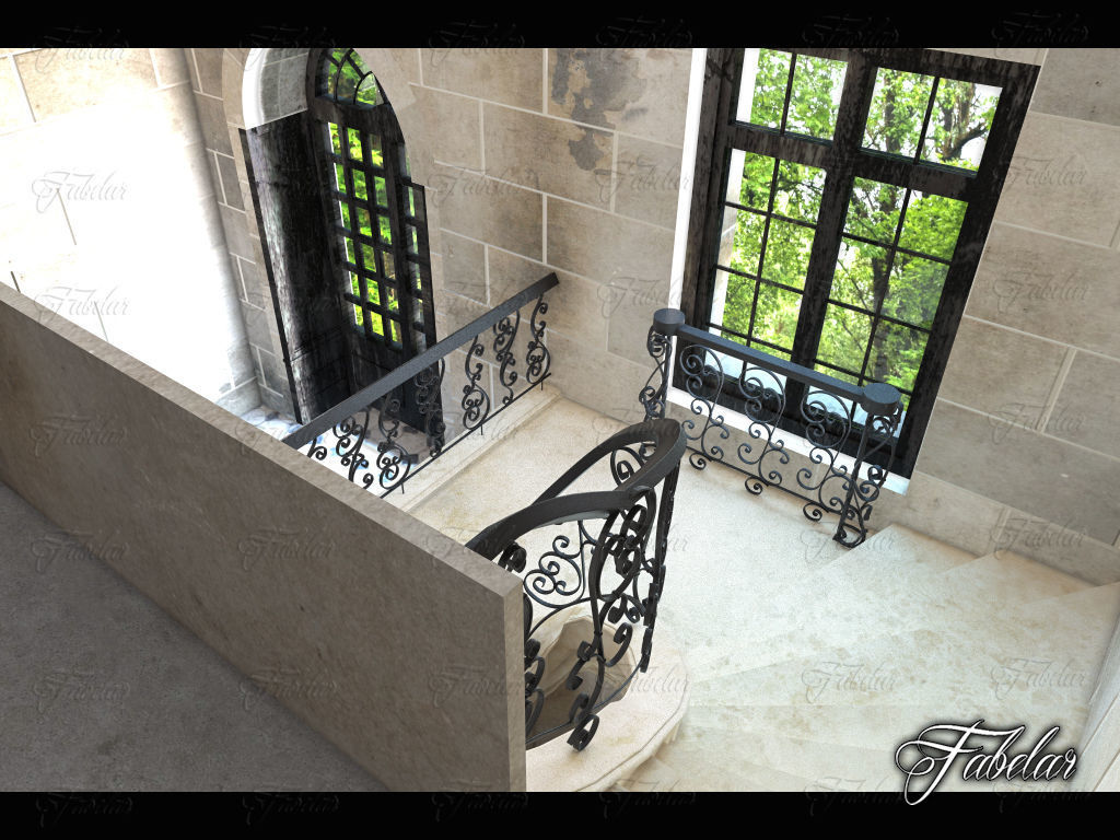Staircase ornate with wrought iron railings 3D model_4