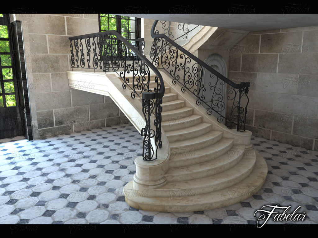 Staircase ornate with wrought iron railings 3D model_2