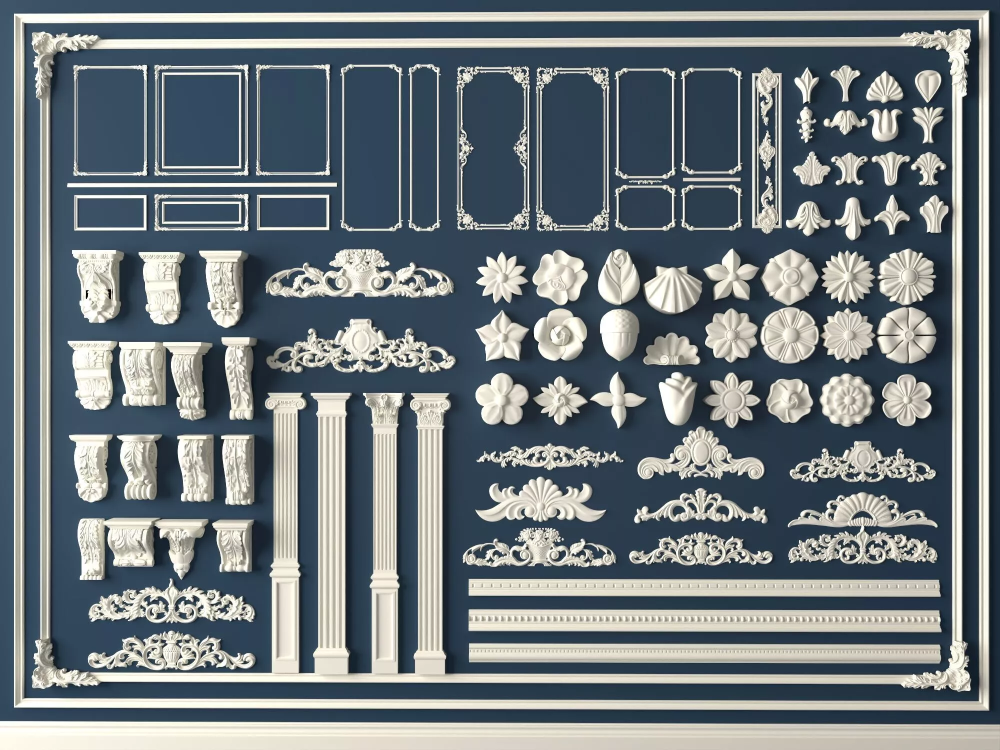 Classic European Wall Molding and Carved Ornament Kit 3D model