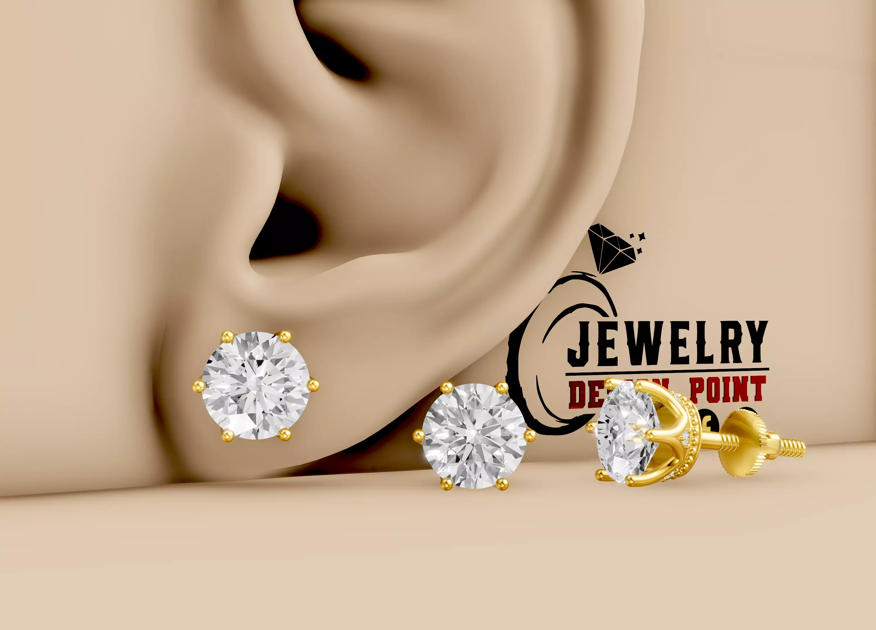 Custom Round Diamond Solitaire Studs - Men Earrings Unisex 3D print model