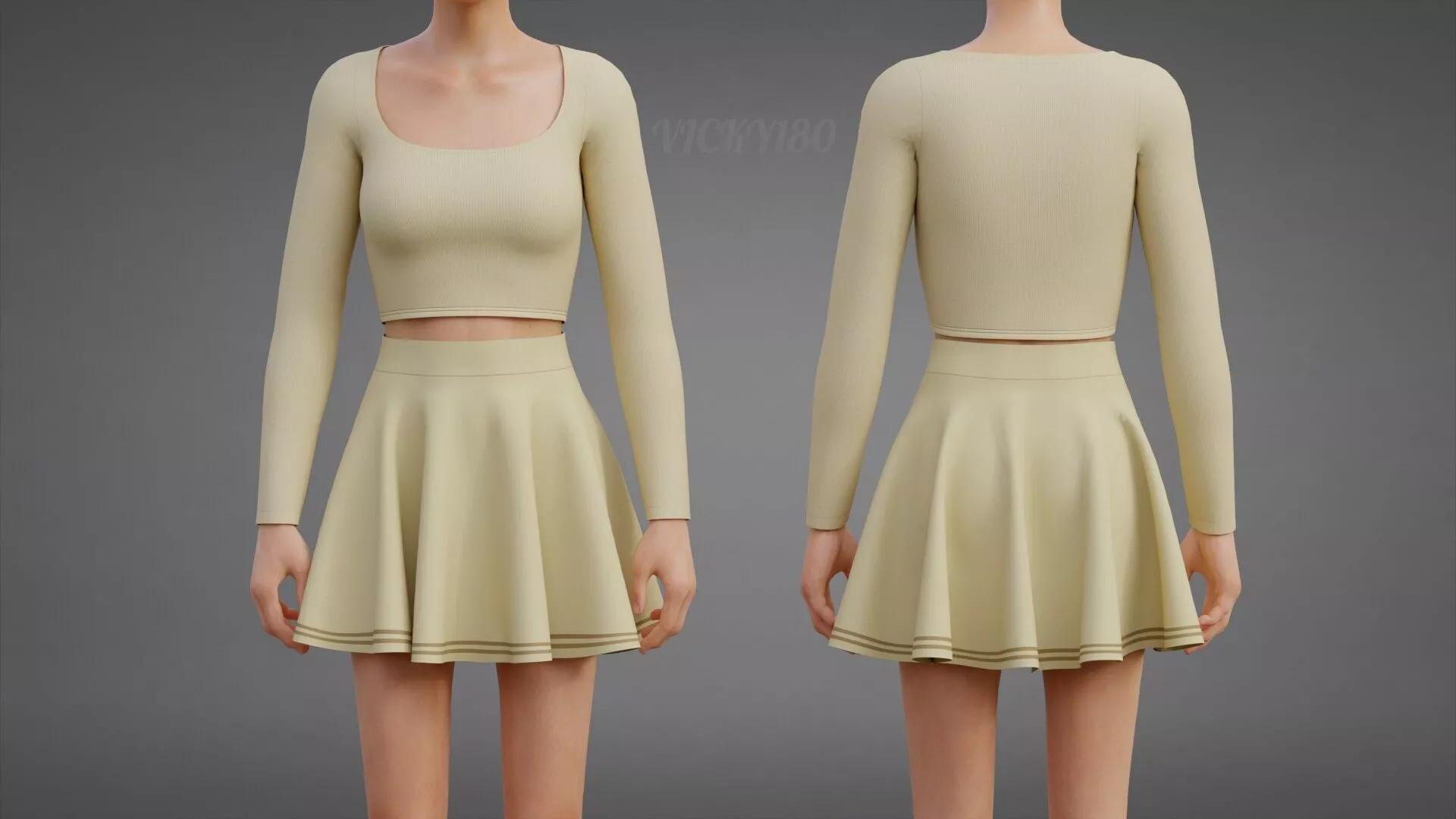 Womens Pastel Two Piece Clothing - Crop Top Circle Skirt Outfit Low-poly 3D model