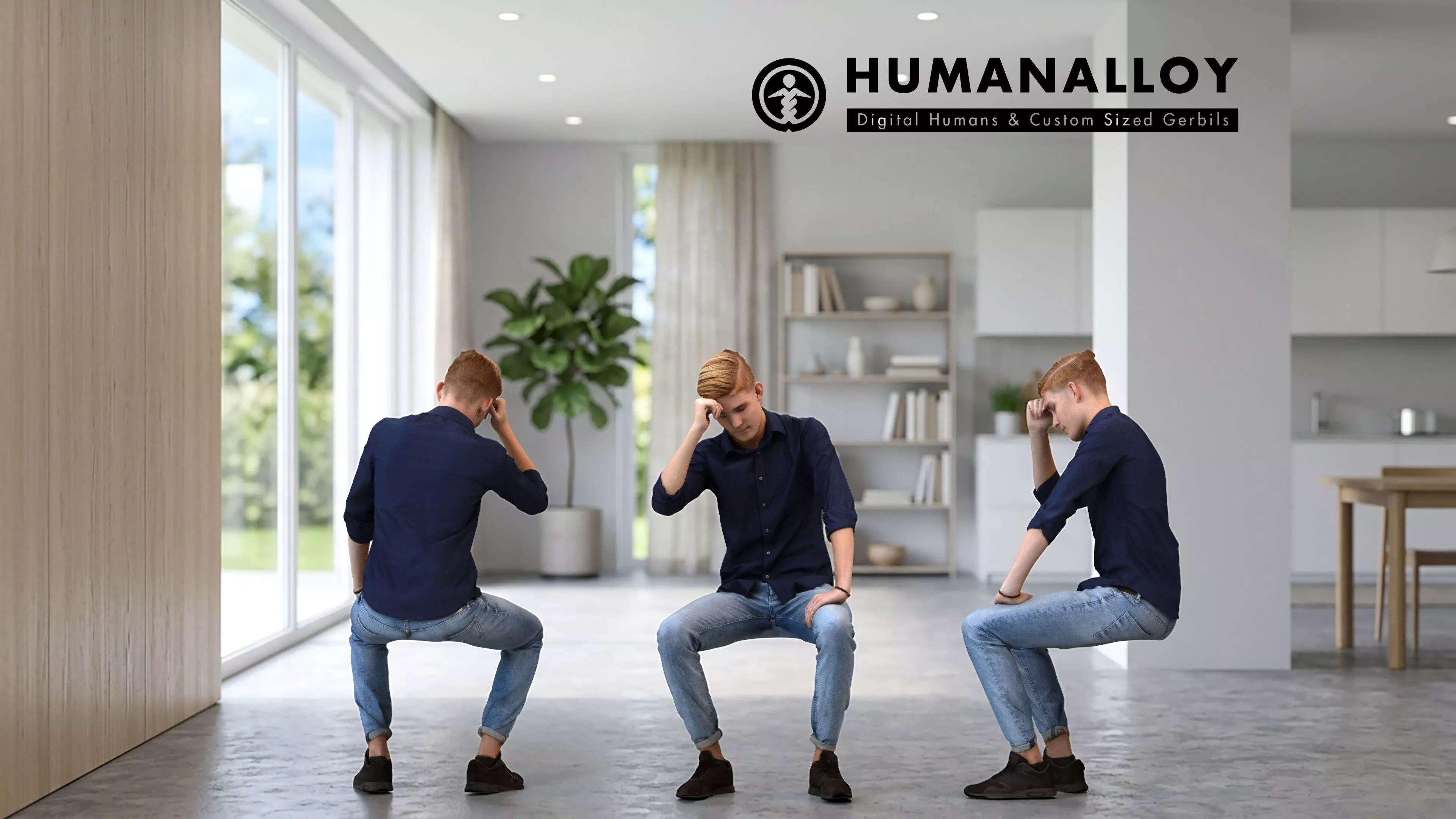 Adult Caucasian man relaxing at home in transitional seasonal 3D model