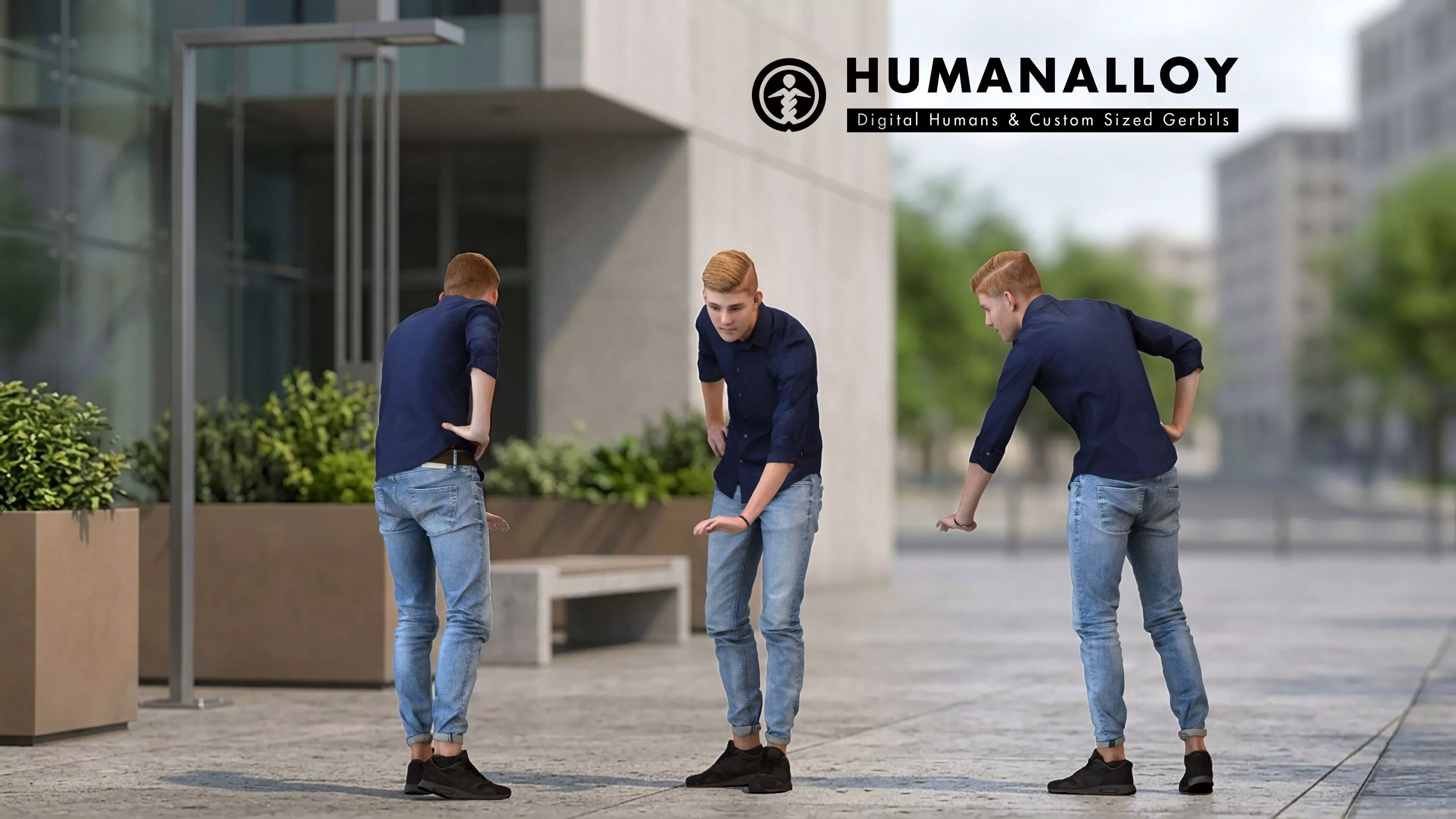 Adult Caucasian man leaning casually in public space 3D model