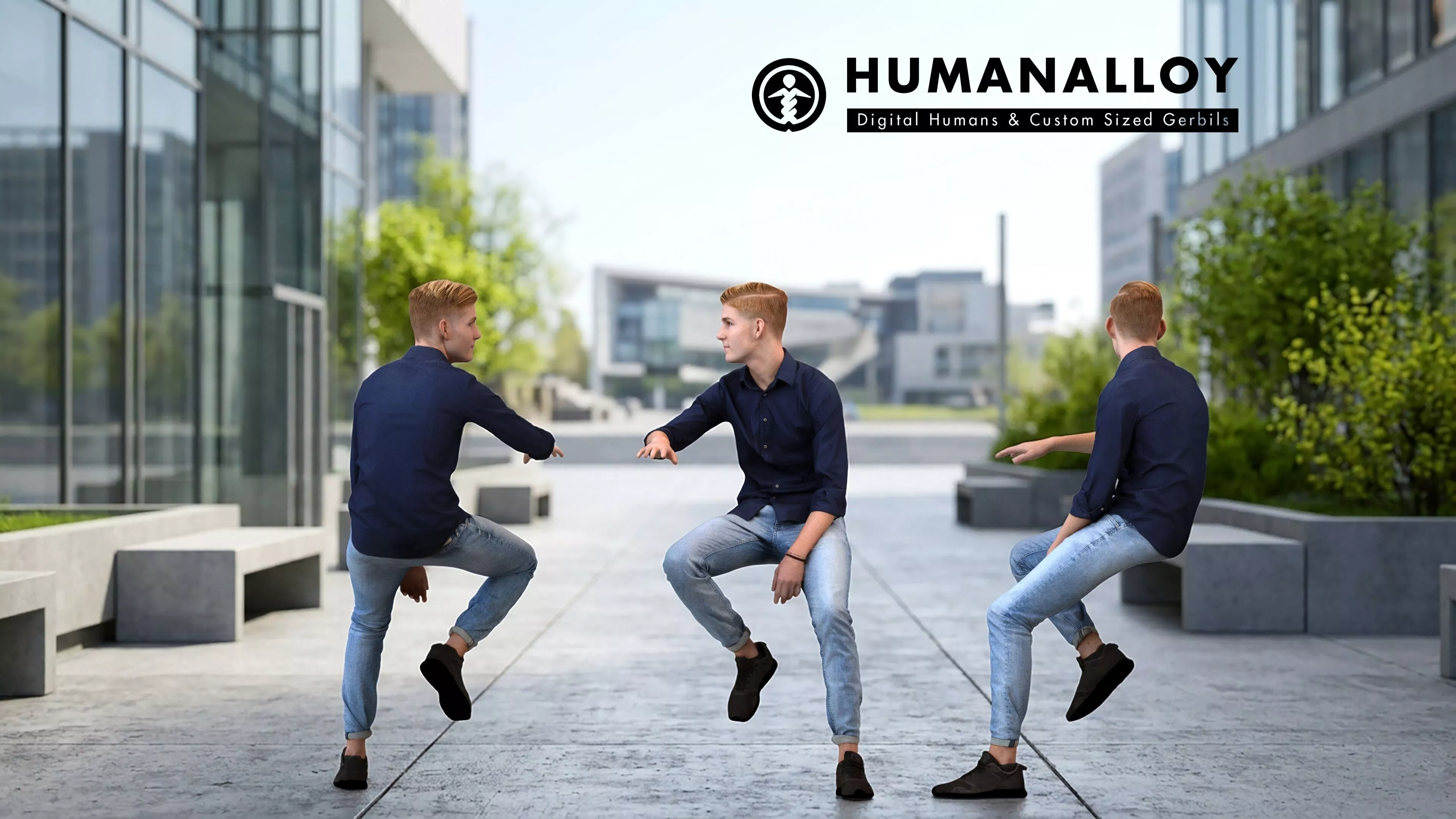 Adult Caucasian man relaxing in public space wearing 3D model