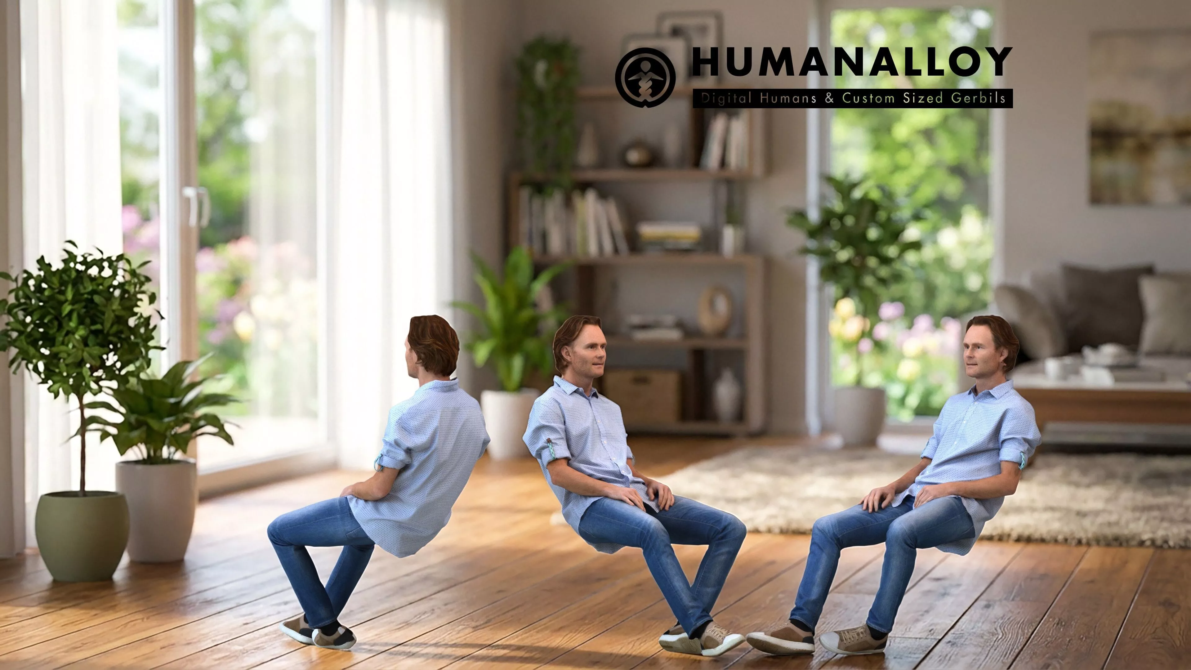 Adult Caucasian male relaxing at home in casual autumn or 3D model