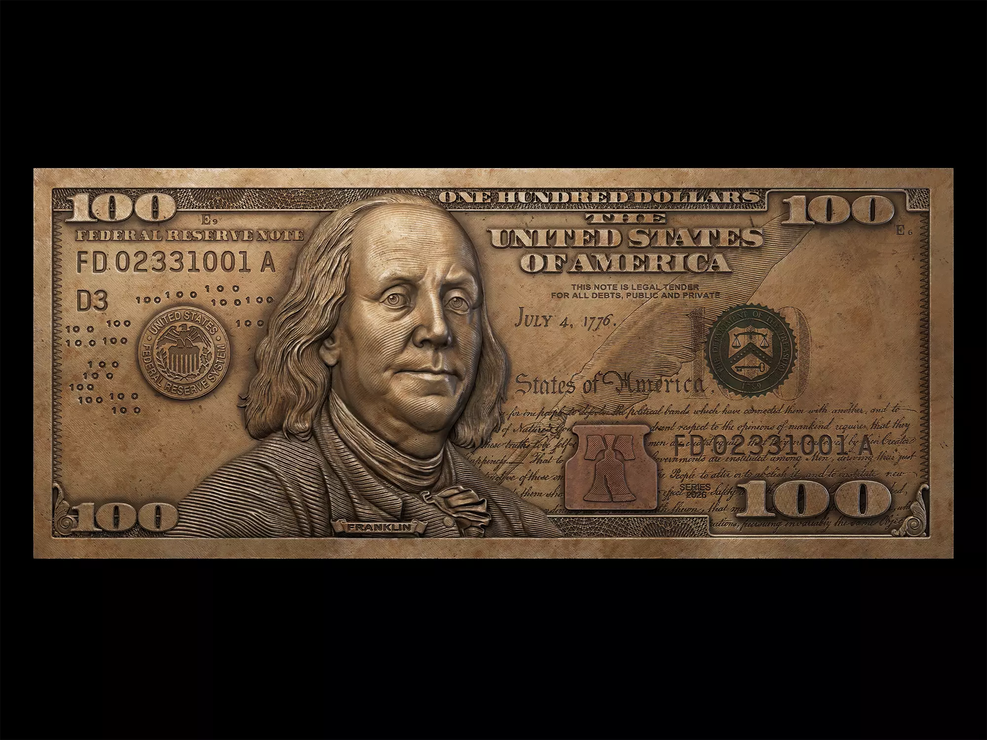 Hundred Dollar Bill - US Bank Note Relief 3D print model