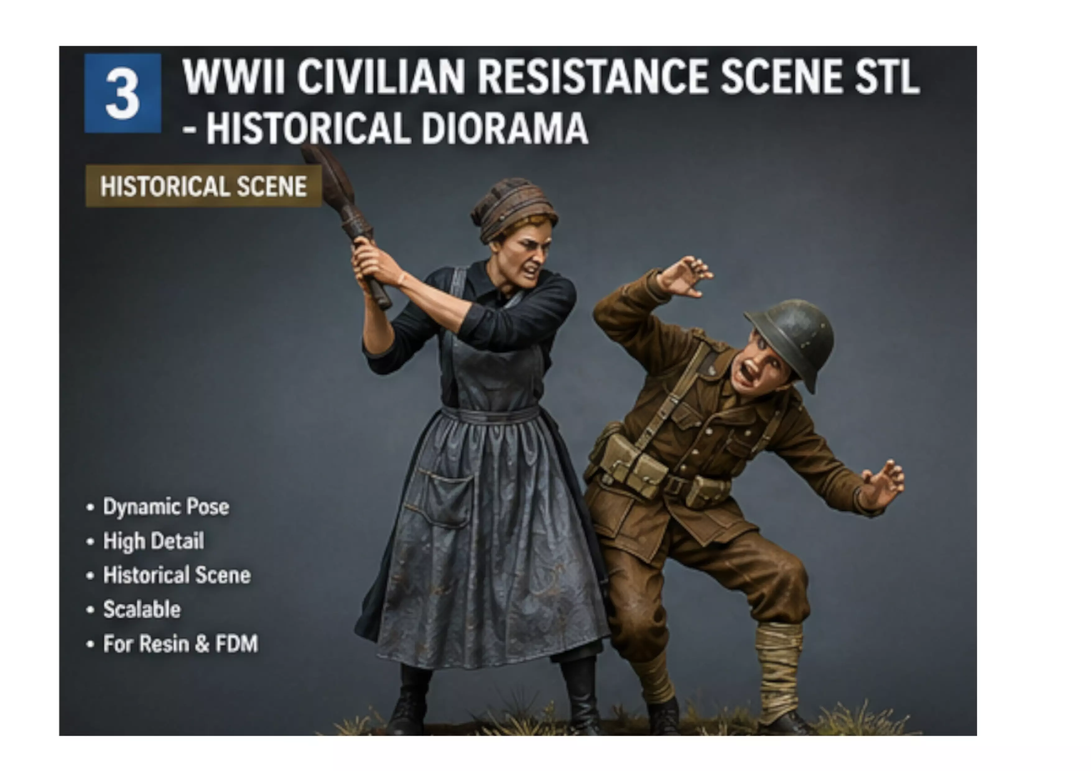 Historical Resistance Diorama STL Civilian and Soldier Action 3D print model