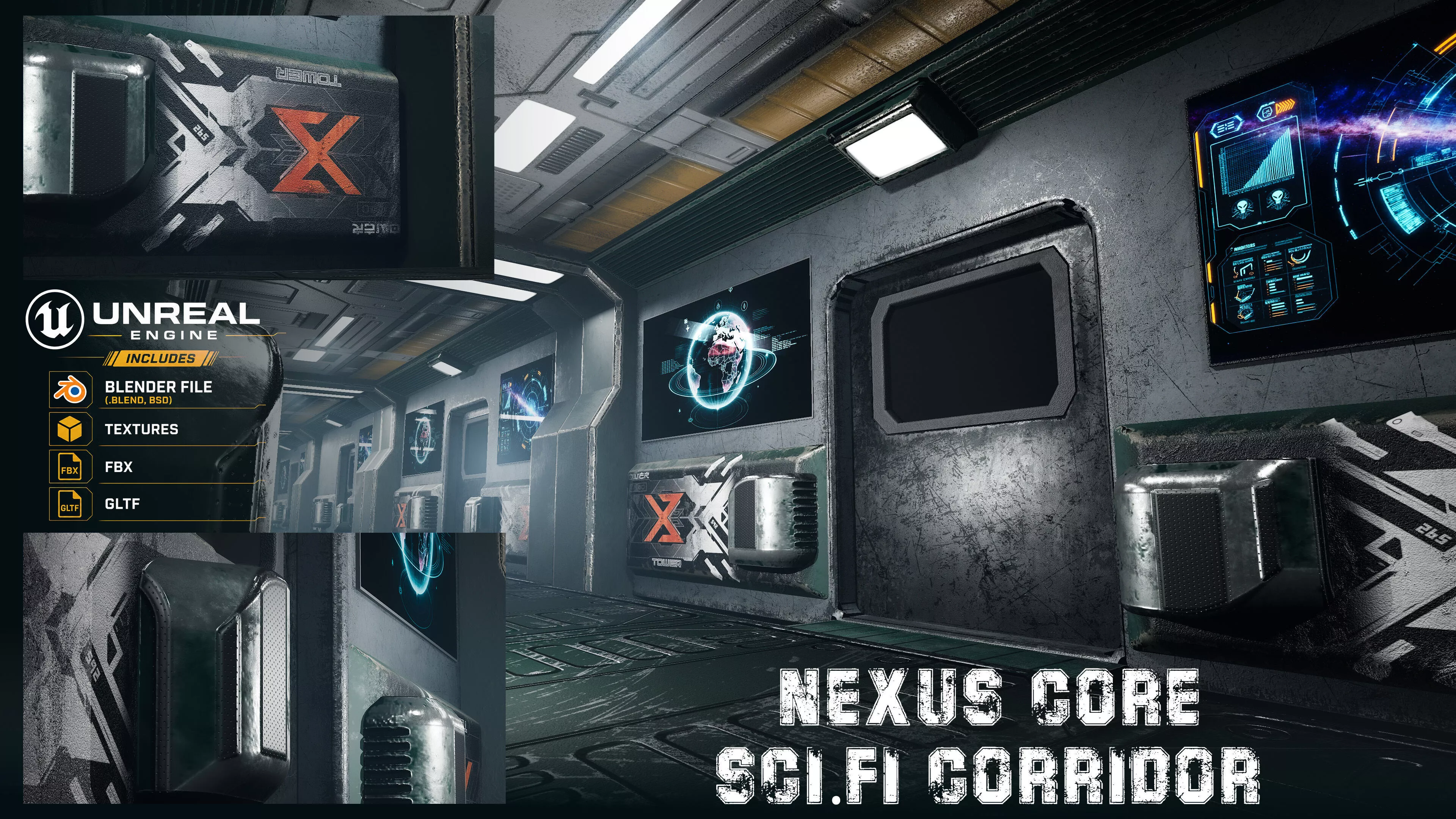 NEXUS CORE Sci-Fi Spaceship Corridor Modular Hallway Low-poly 3D model