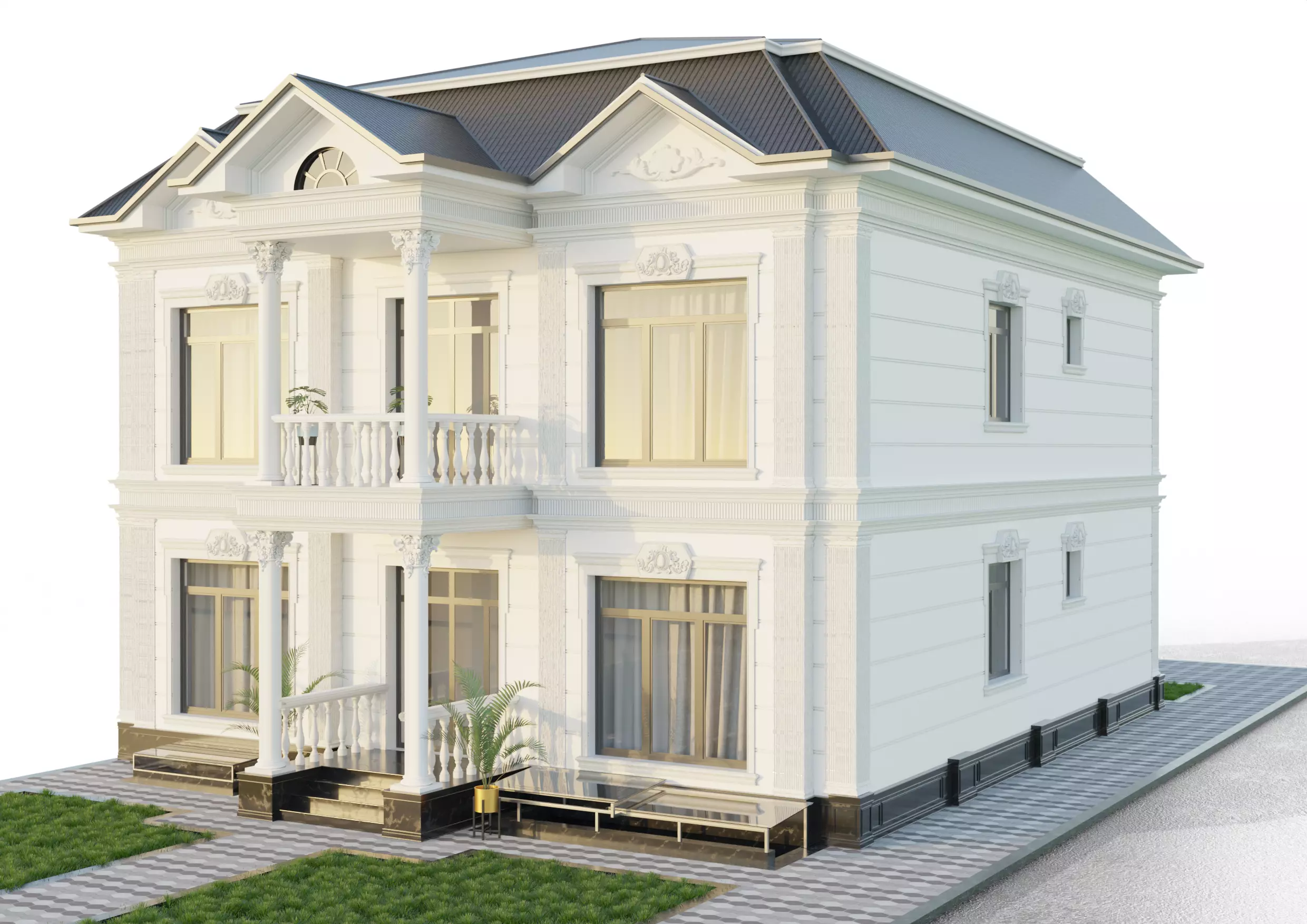 Neoclassical House with Mansard Roof and Travertine Facade 3D model