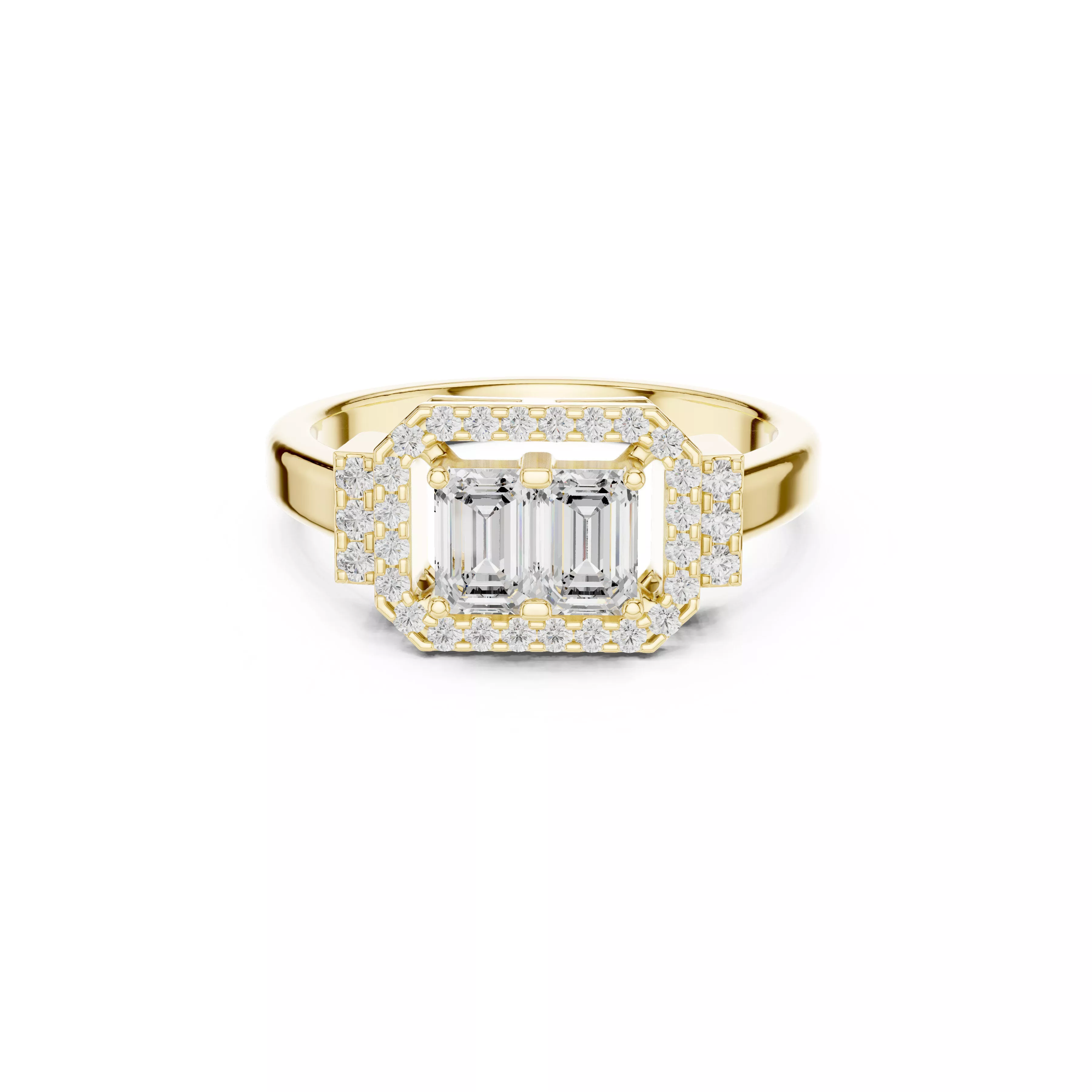 Premium Bold Emerald Cut Double Stone Halo Ring CAD 3D print model