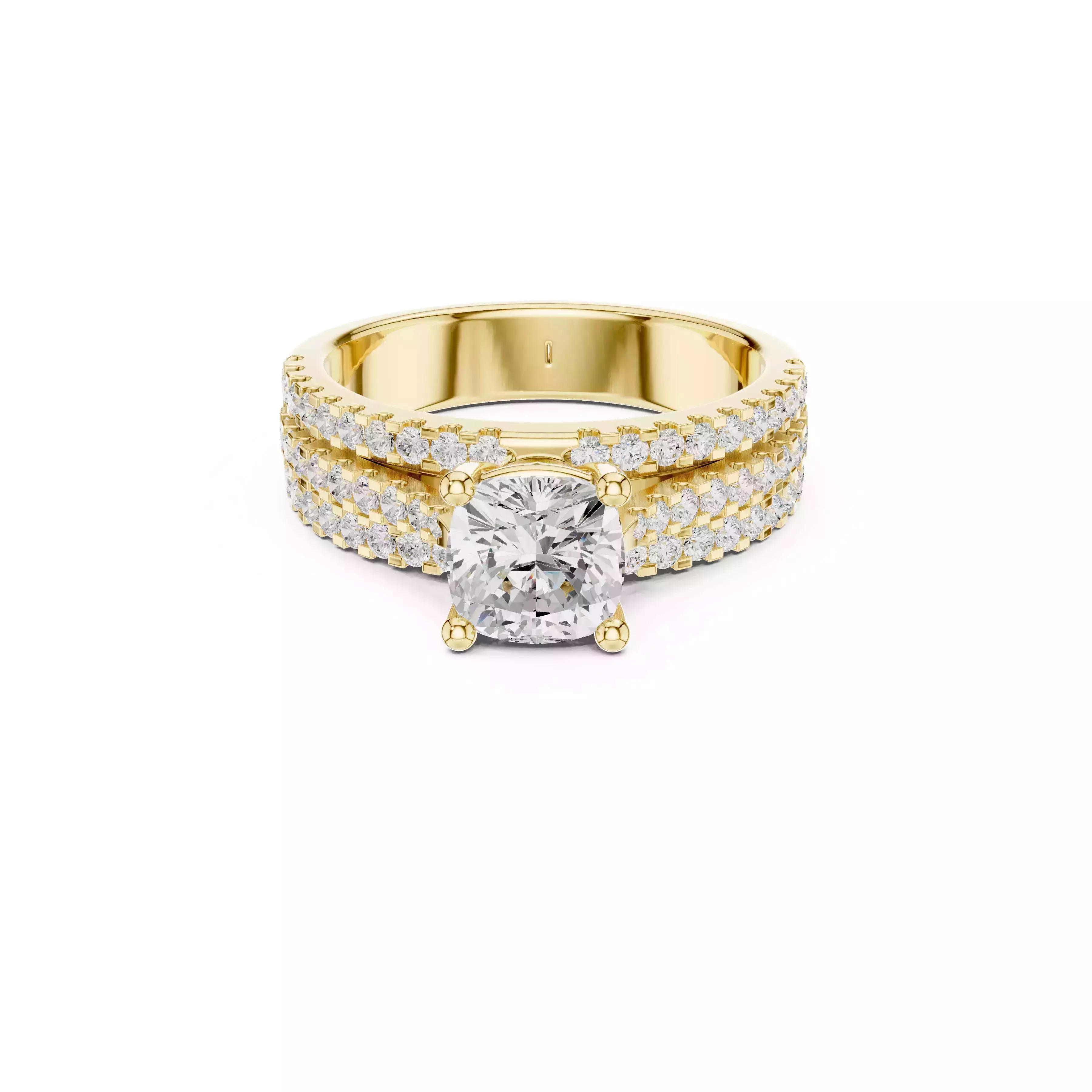 Cushion Cut Triple Row Diamond Engagement Ring 3D print model