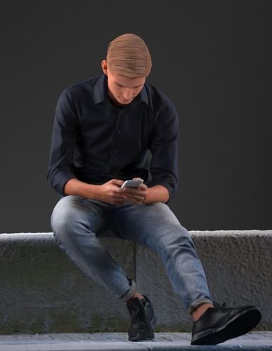 European boy sitting on bench playing with his phone 3D model
