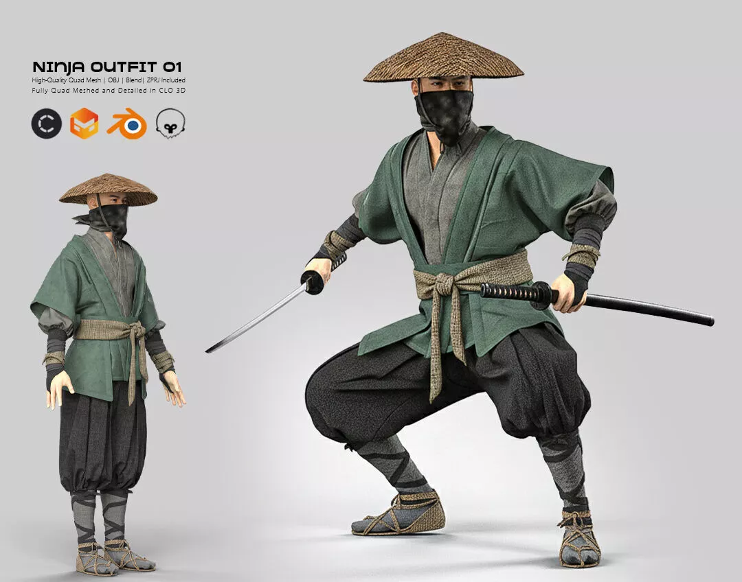 Ninja Outfit 01 Clo3D Marvelous Designer Blend Obj 4K Texture 3D model