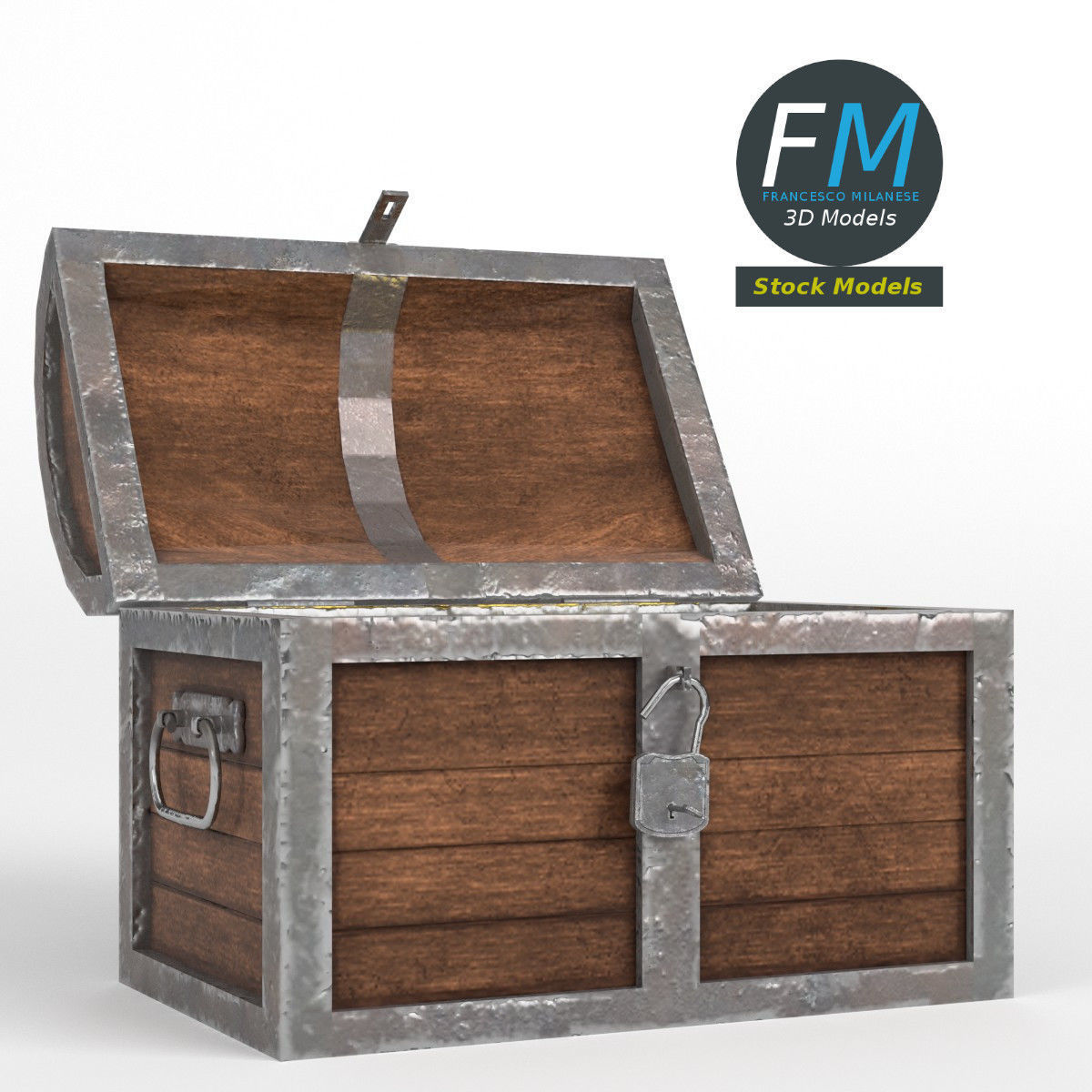 Treasure chest with padlock and coins 3D model_3