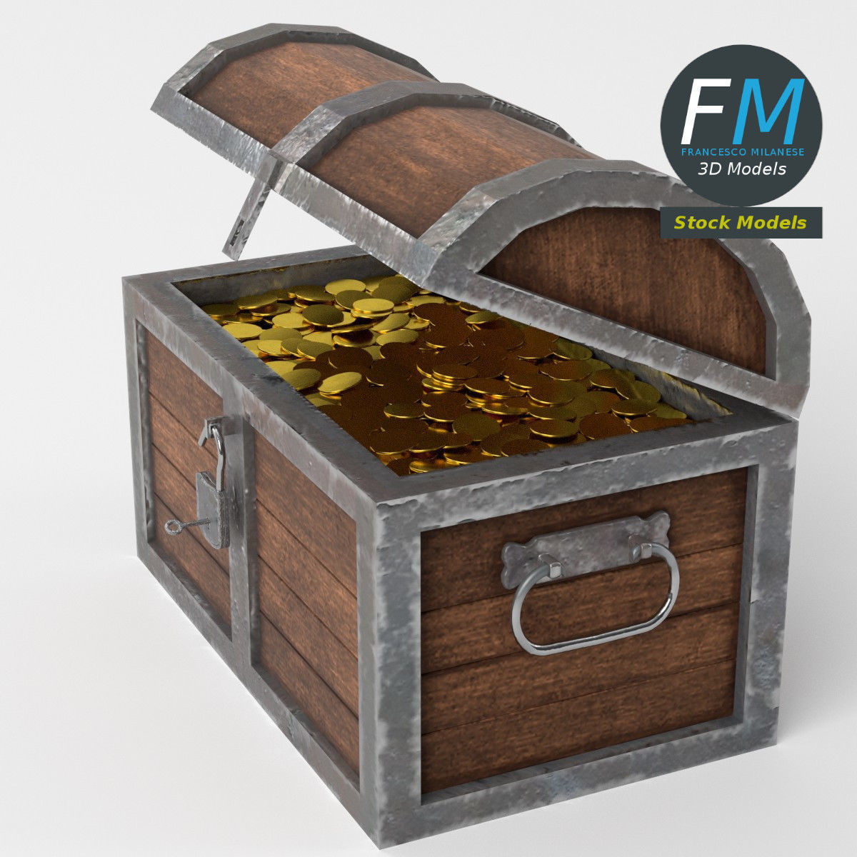 Treasure chest with padlock and coins 3D model_5