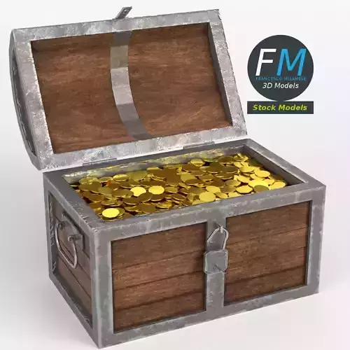 Treasure chest with padlock and coins 3D model