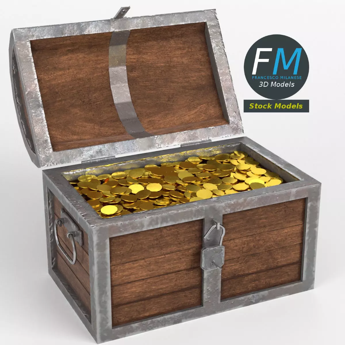Treasure chest with padlock and coins 3D model_0