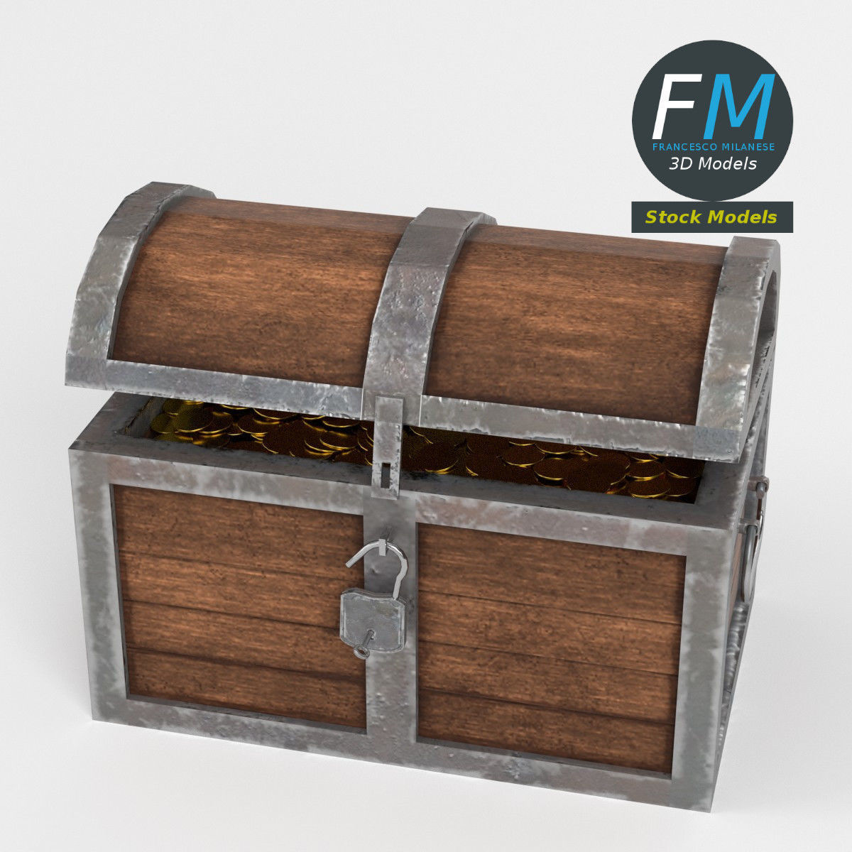Treasure chest with padlock and coins 3D model_2