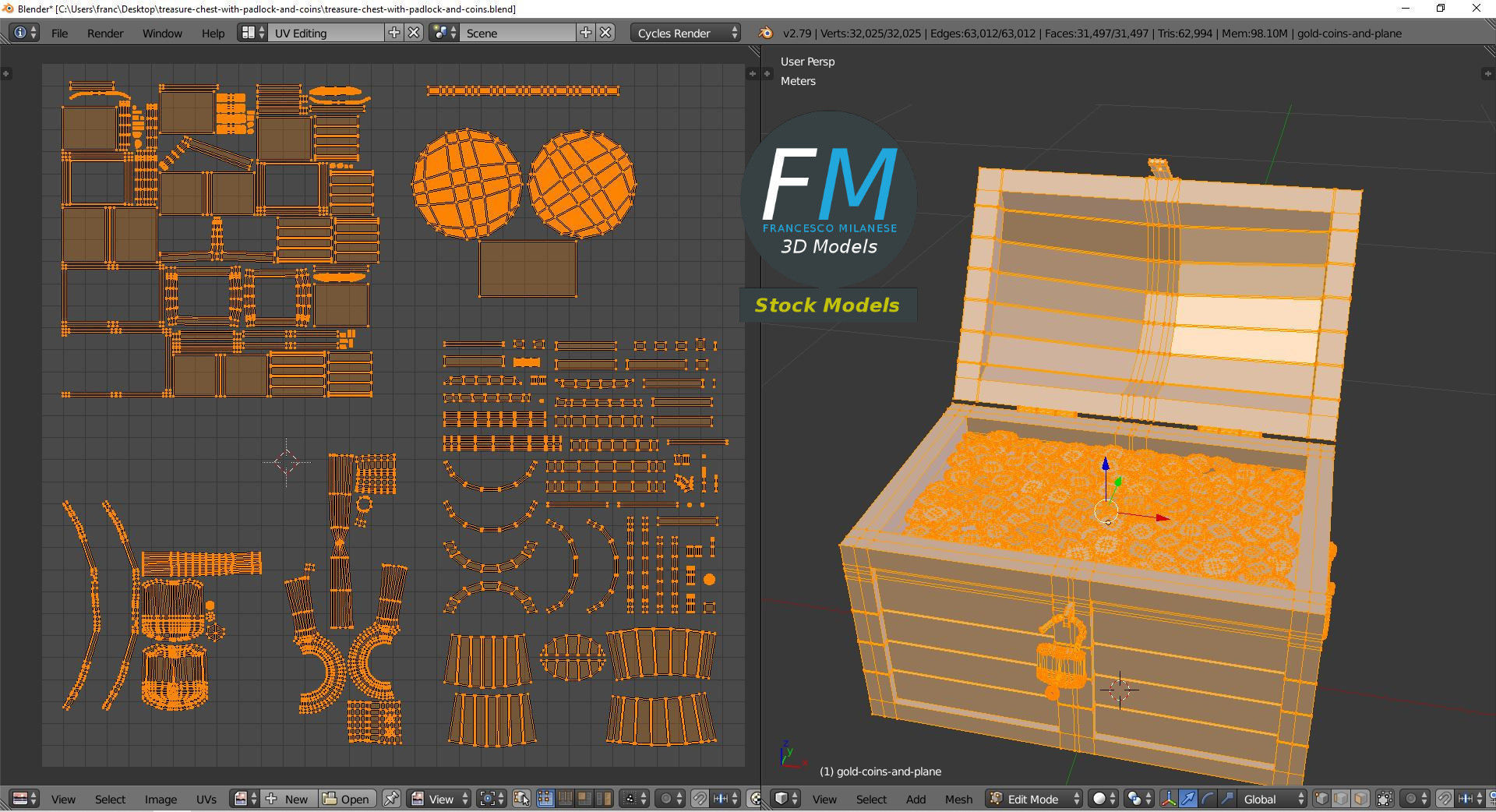Treasure chest with padlock and coins 3D model_10