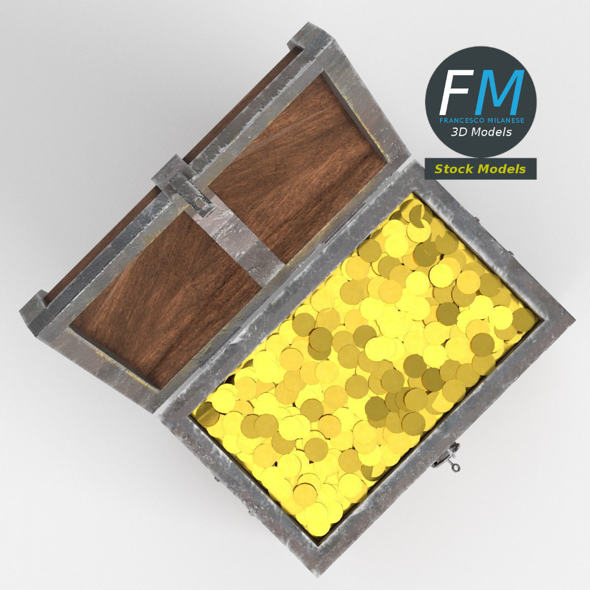 Treasure chest with padlock and coins 3D model_6