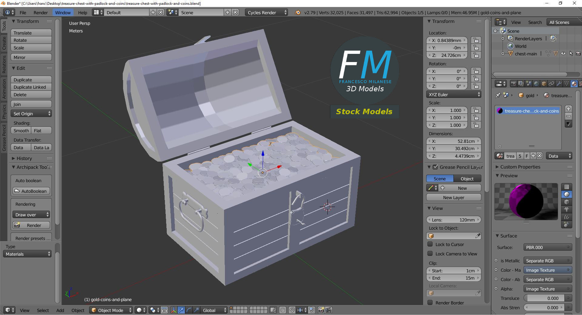 Treasure chest with padlock and coins 3D model_9