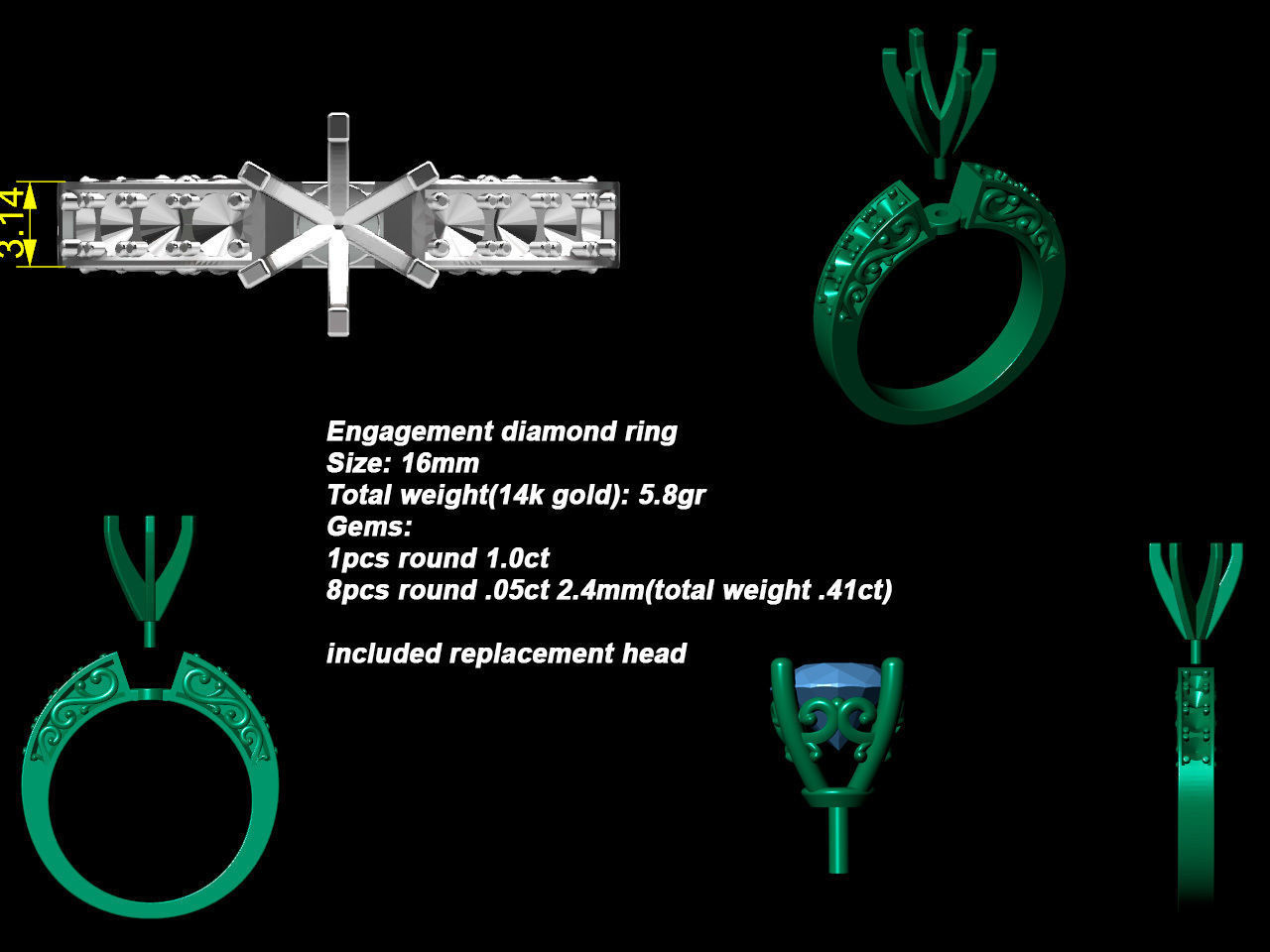 Round cut engagement ring 3D print model_3