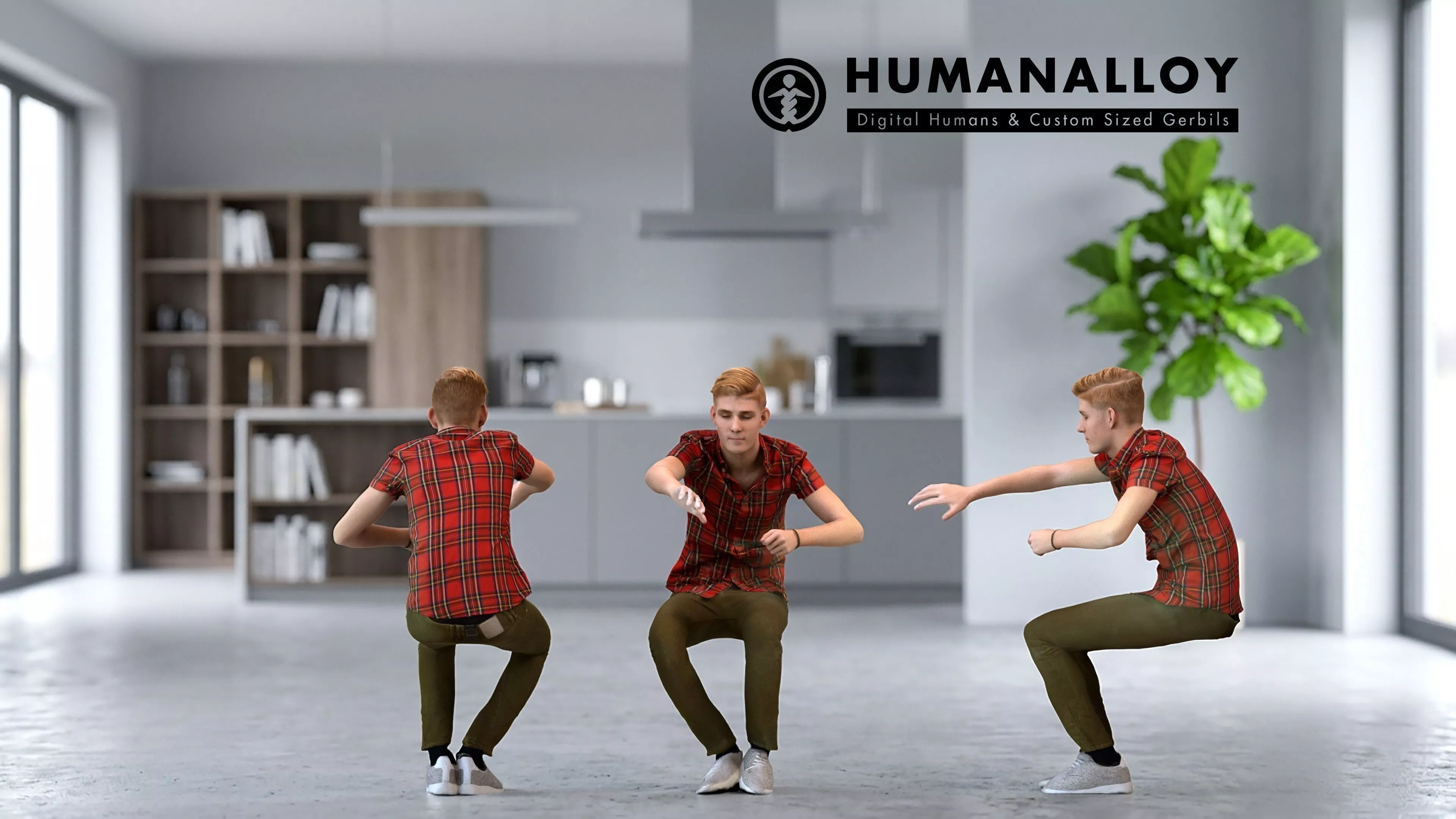 Adult Caucasian man sitting relaxed at home in transitional 3D model