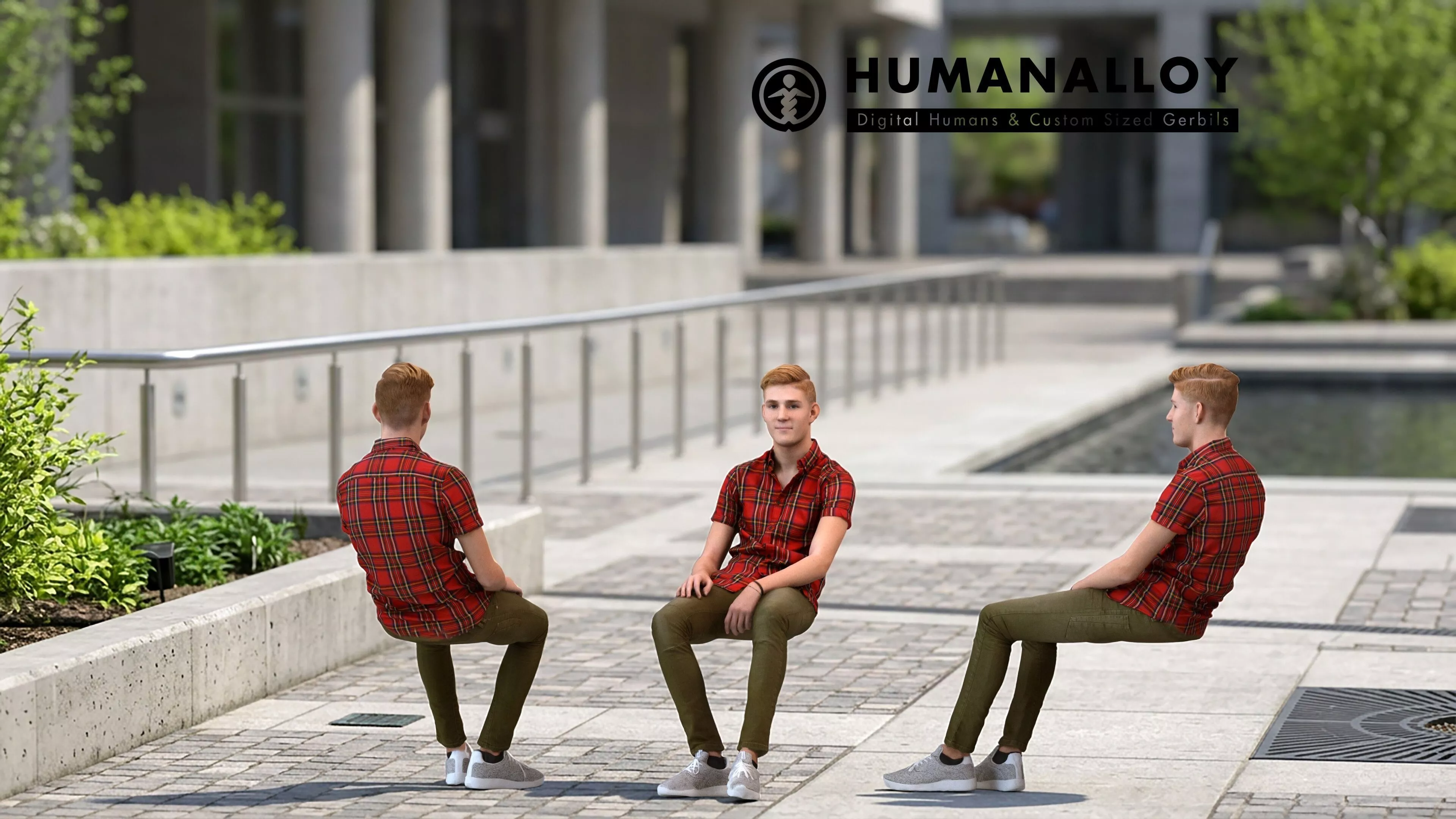 Adult Caucasian man relaxing in public space wearing 3D model
