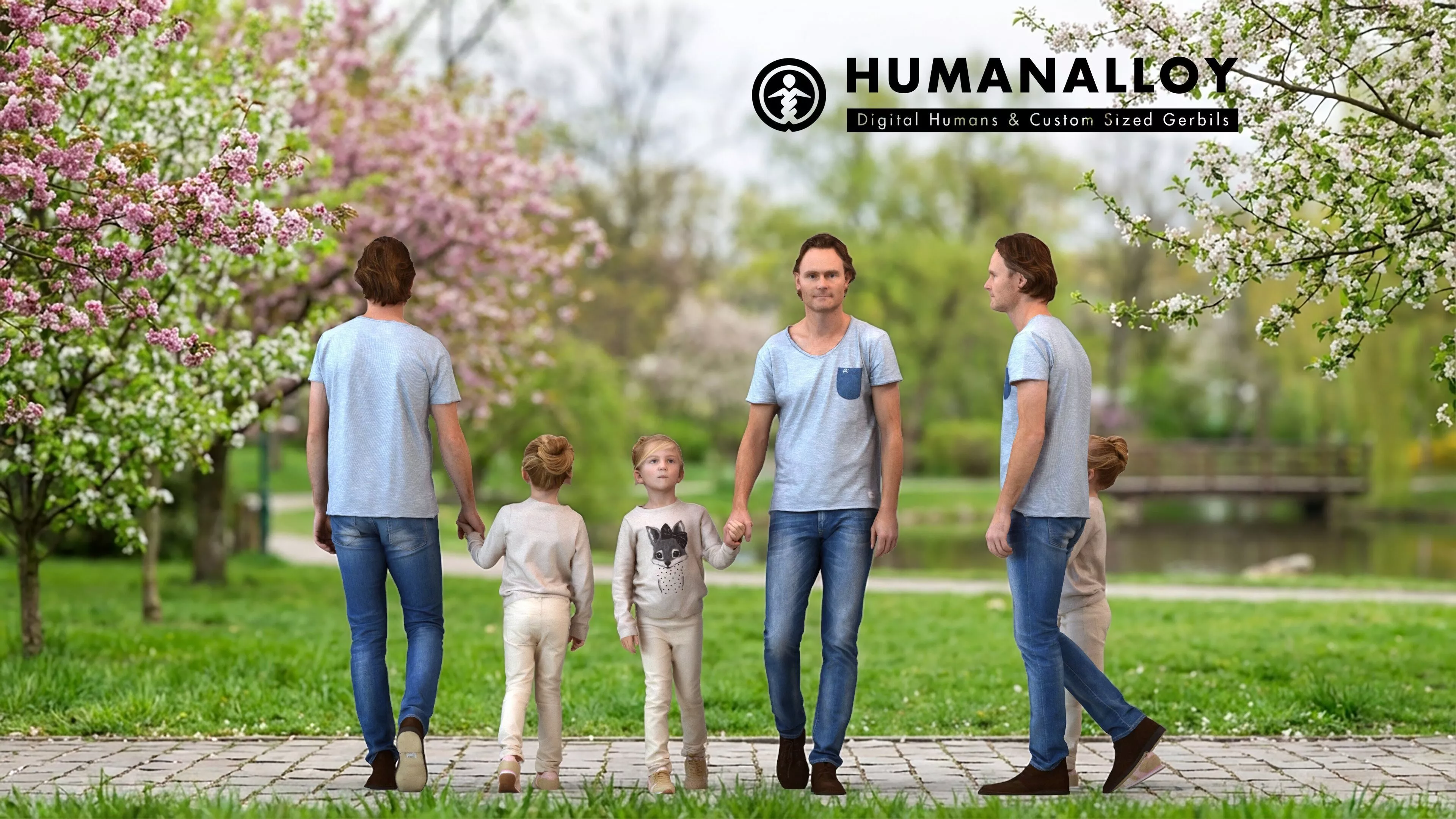 Adult Caucasian man walking with child in casual transitional 3D model