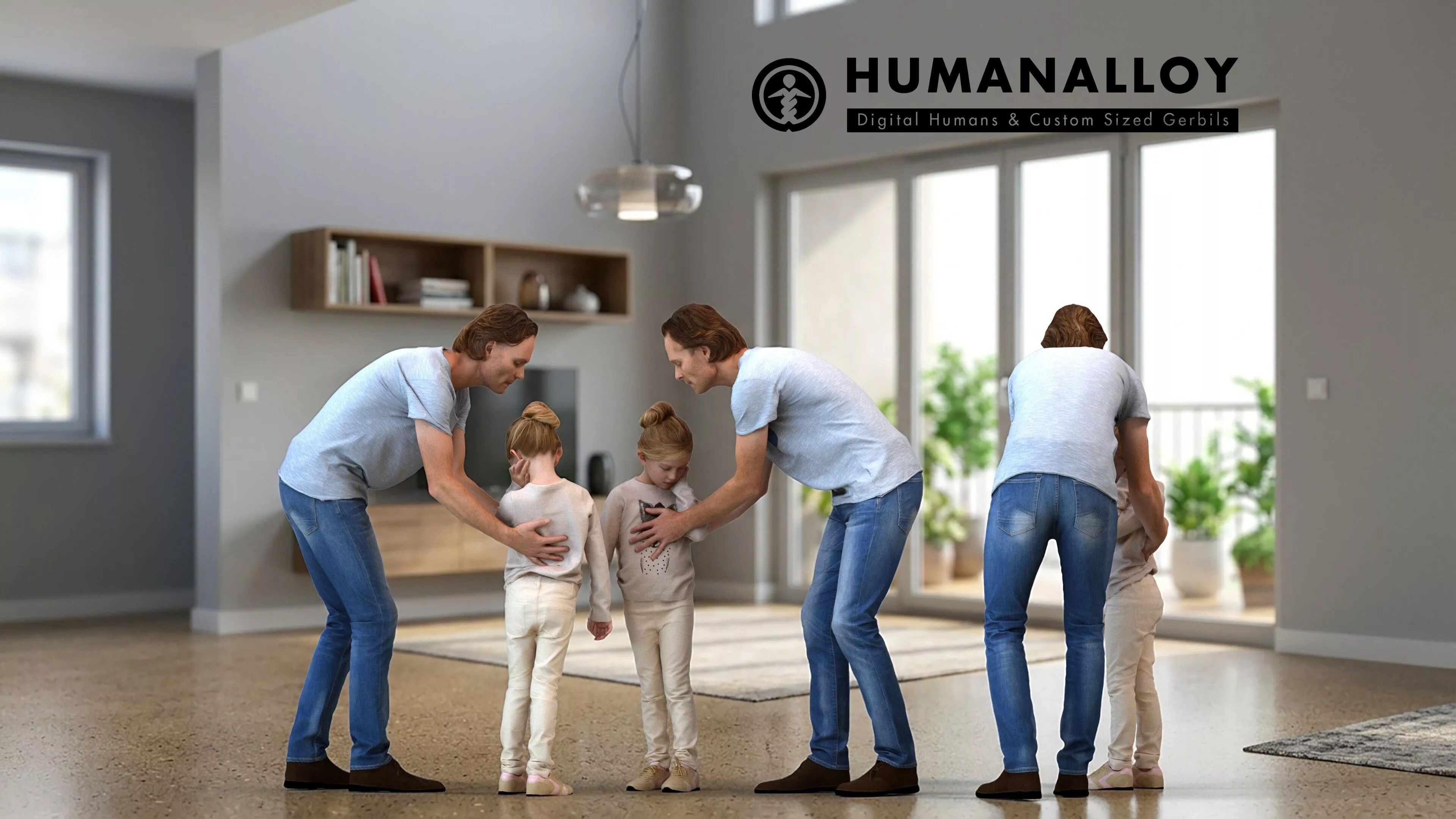 Adult Caucasian man bonding with child at home in casual 3D model