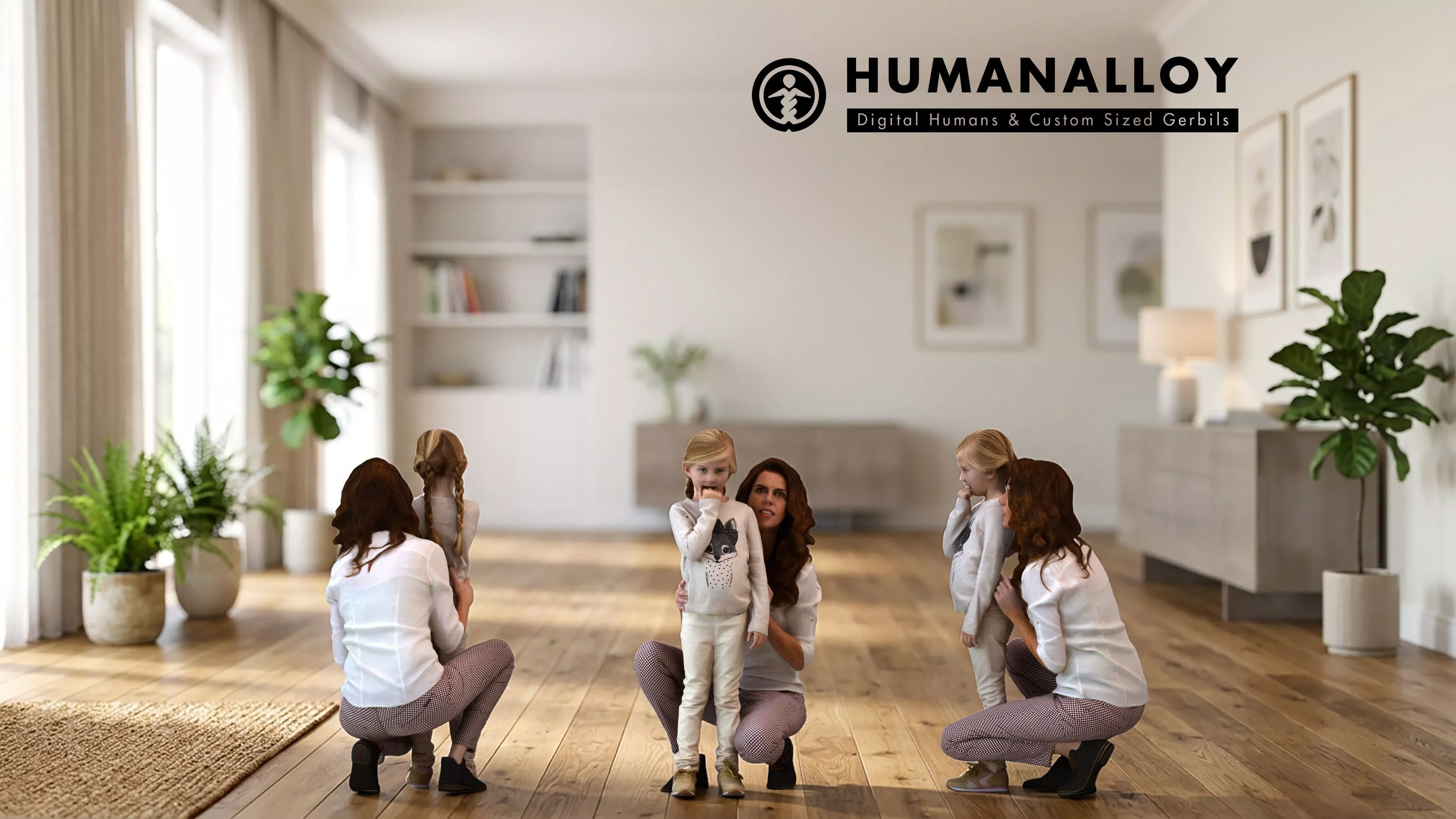 Young Caucasian woman crouching with child in casual 3D model