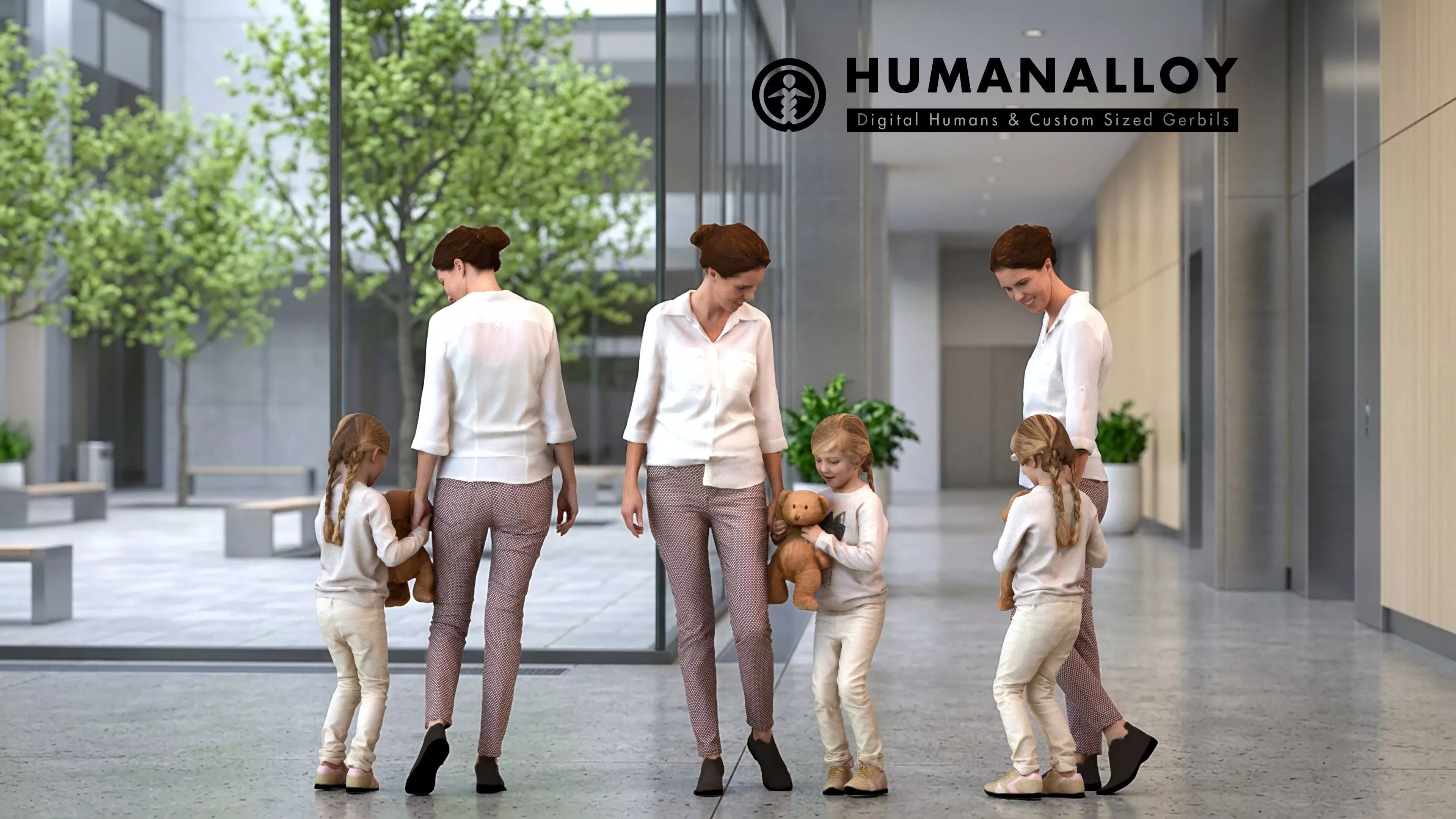 Adult Caucasian woman walking with child carrying teddy in 3D model
