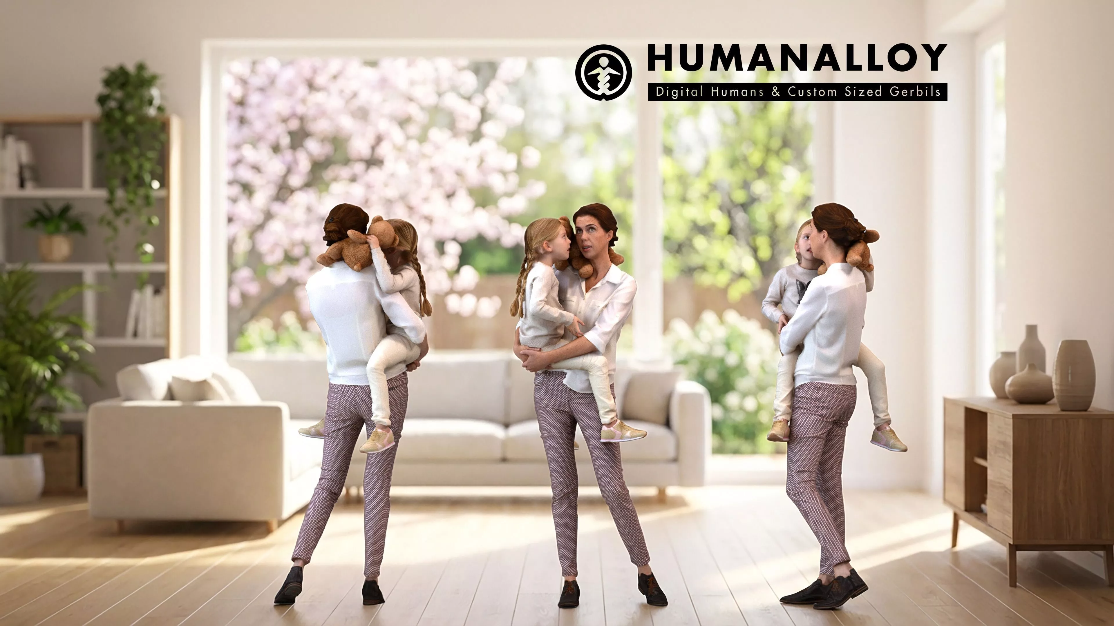 Adult Caucasian woman bonding with daughter at home in casual 3D model
