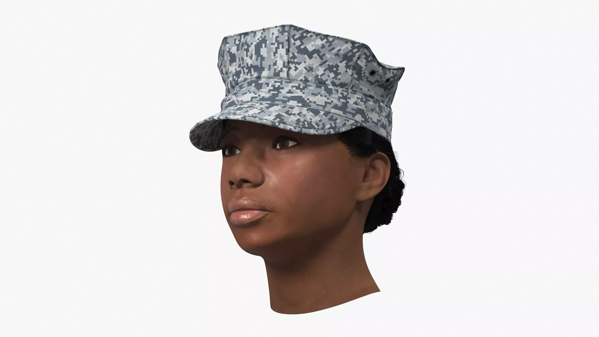 Digital Camo Patrol Cap on Female Head Fur 3D model