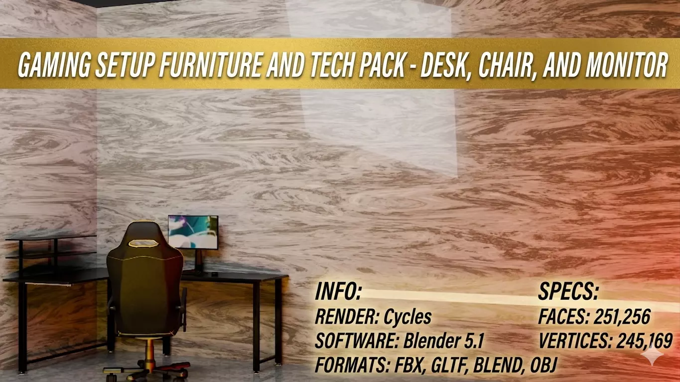 Gaming Setup Furniture and Tech Pack Desk Chair and Monitor Low-poly 3D model