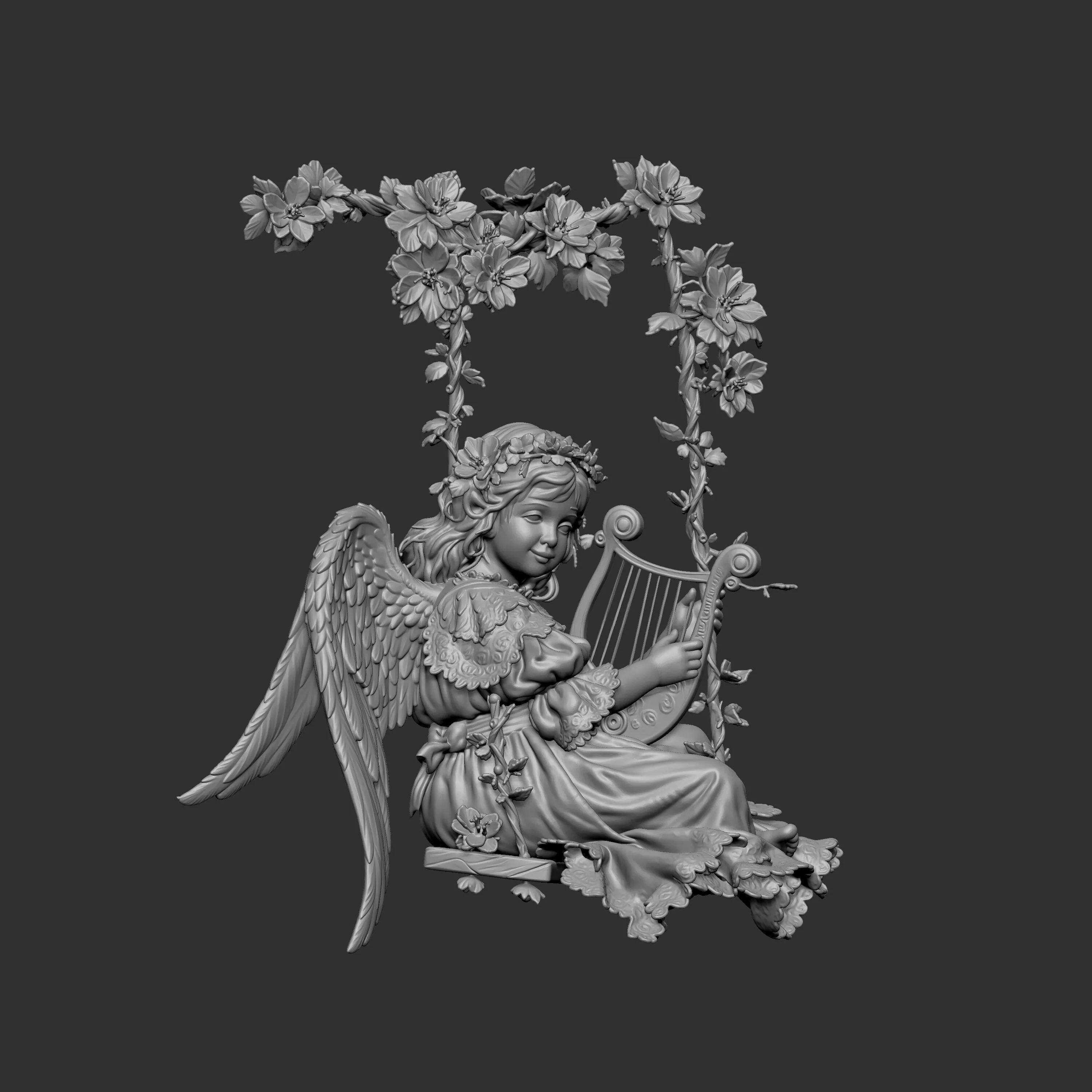 a relief sculpture featuring an angel holding a harp 3D print model