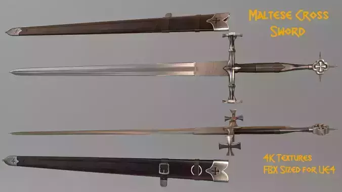 Sword Maltese Cross Medieval Two Handed With Sheath