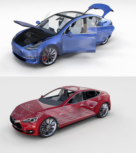 Tesla Model 3 and Model S with interior and chassis Pack 3D model