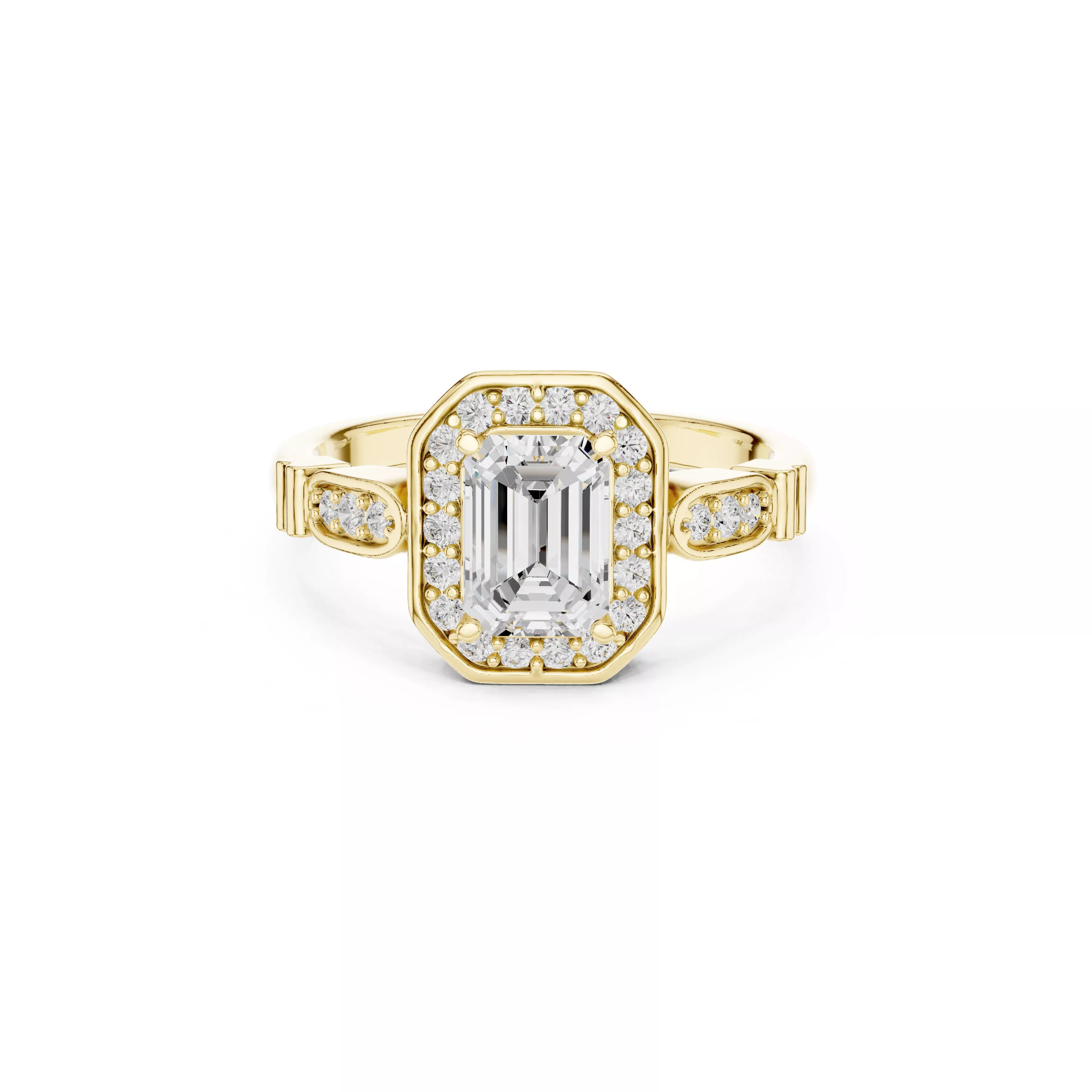 Art Deco Diamond Emerald Cut Halo Engagement Ring CAD 3D print model