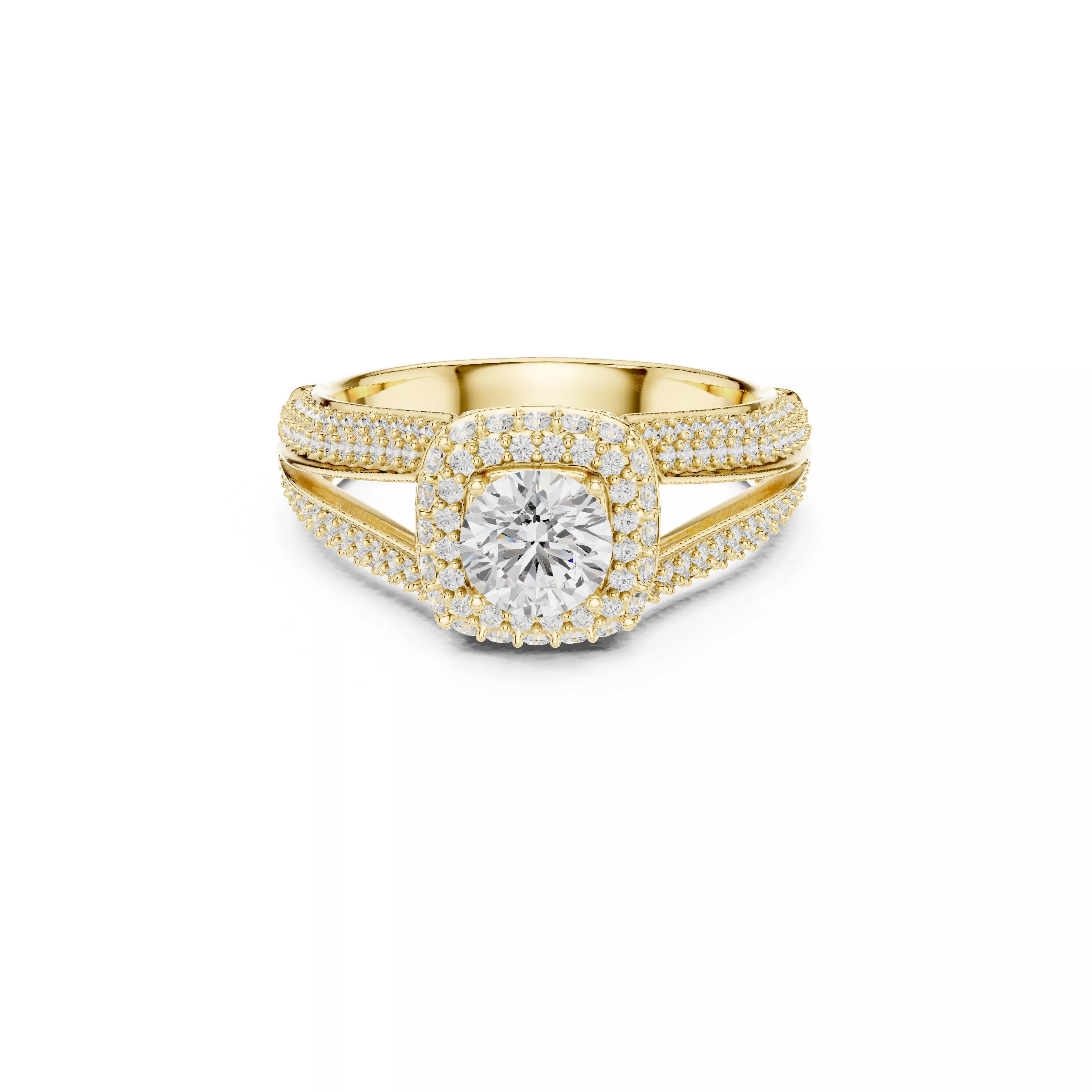 Elegant Split Shank Pave Halo Round Diamonds Band Ring CAD 3D print model