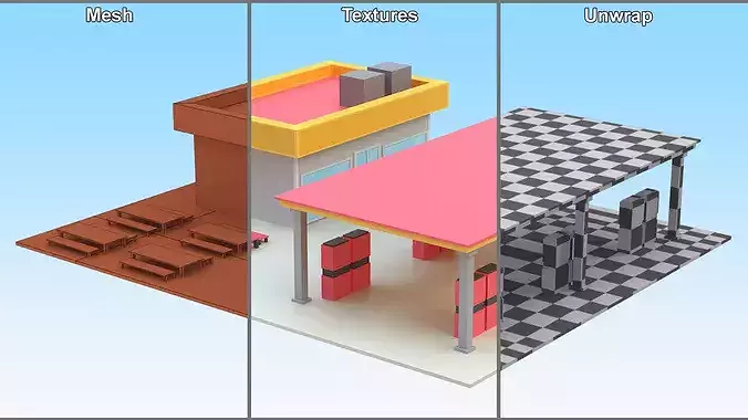 Low Poly Cartoon Gas Station 3D model 7