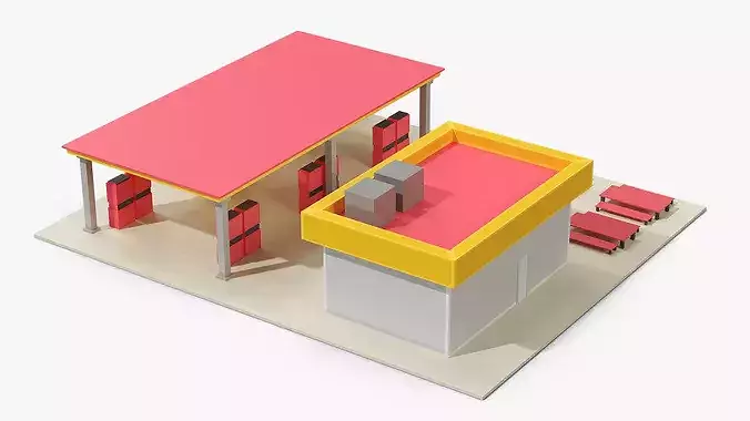 Low Poly Cartoon Gas Station 3D model 3